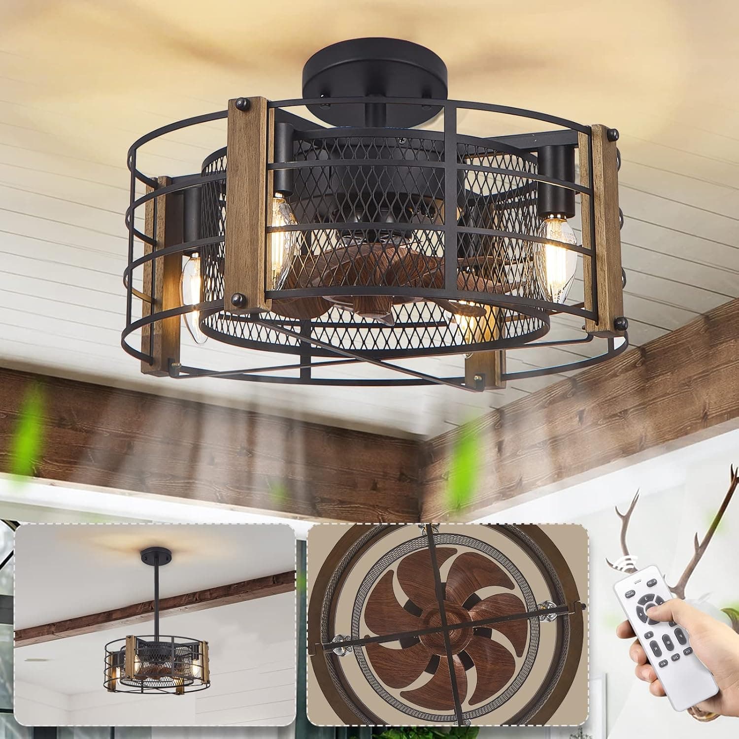 Fabulis Caged Ceiling Fan with Lights, Farmhouse Ceiling Fan with Lights Remote Control, 17 Inch Bedroom Ceiling Fans for Living Dining Room Kitchen