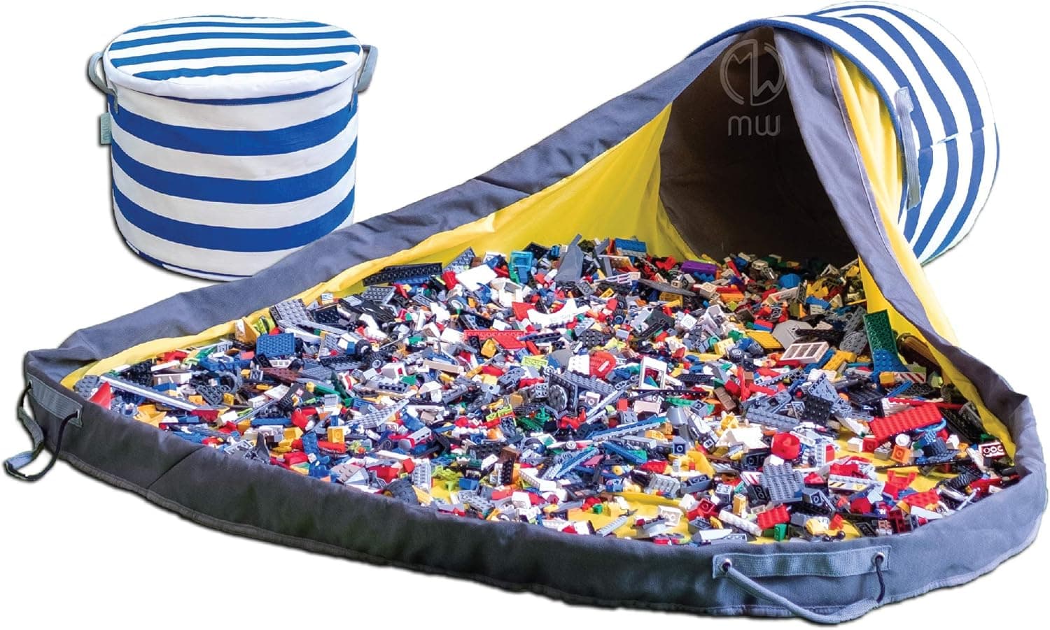 Mia Weaver Large Toy Storage and Playmat for Kids Room and Outdoor Use - 12" Tall by 16" Diameter Baskets Organizers (Navy Stripe)