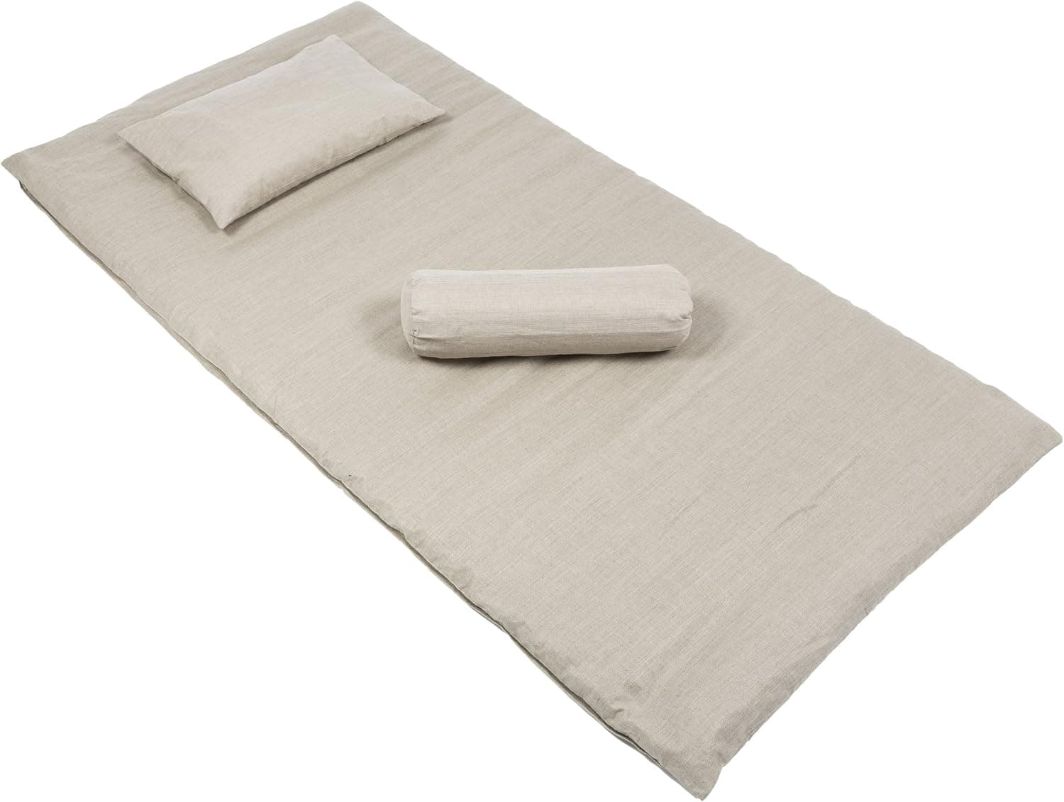 Handelsturm Linen Futon Set: Rollable Mat (39"x79") + Pillow + Bolster with Buckwheat Filling & Real Linen Covers, Great Cooling Effect, Firm Support