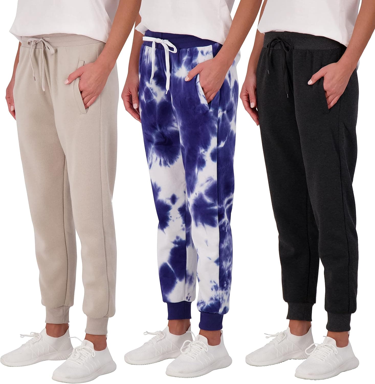 Real Essentials 3 Pack: Women's Relaxed Fit Fleece Jogger Sweatpants - Casual Athleisure (Available in Plus Size)