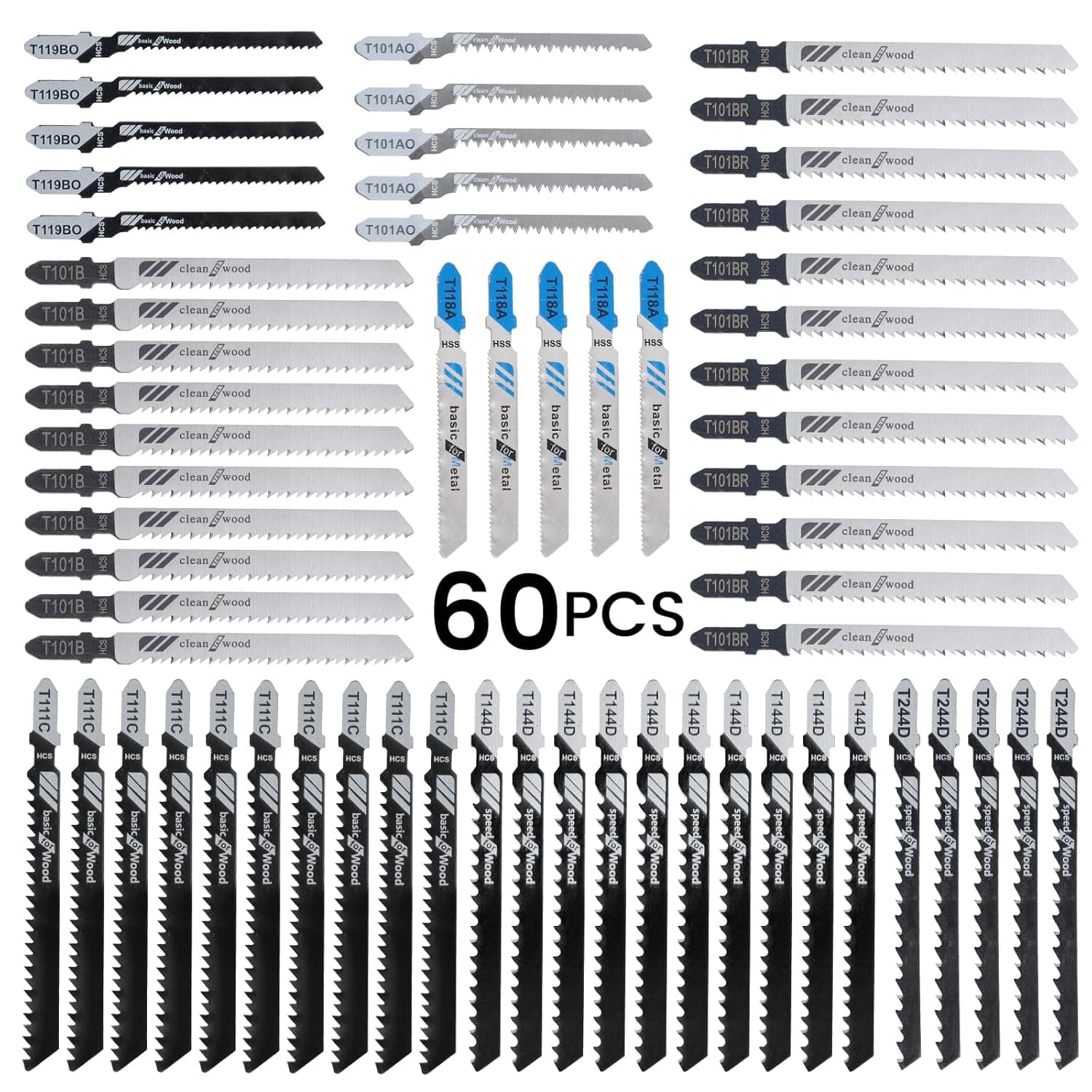 60pcs Jigsaw Blades Set for Cutting Wood and Metal (T144D,T111C,T101B,T101BR,T119BO,T118A,T101AO,T244D), 5pcs for one Pack