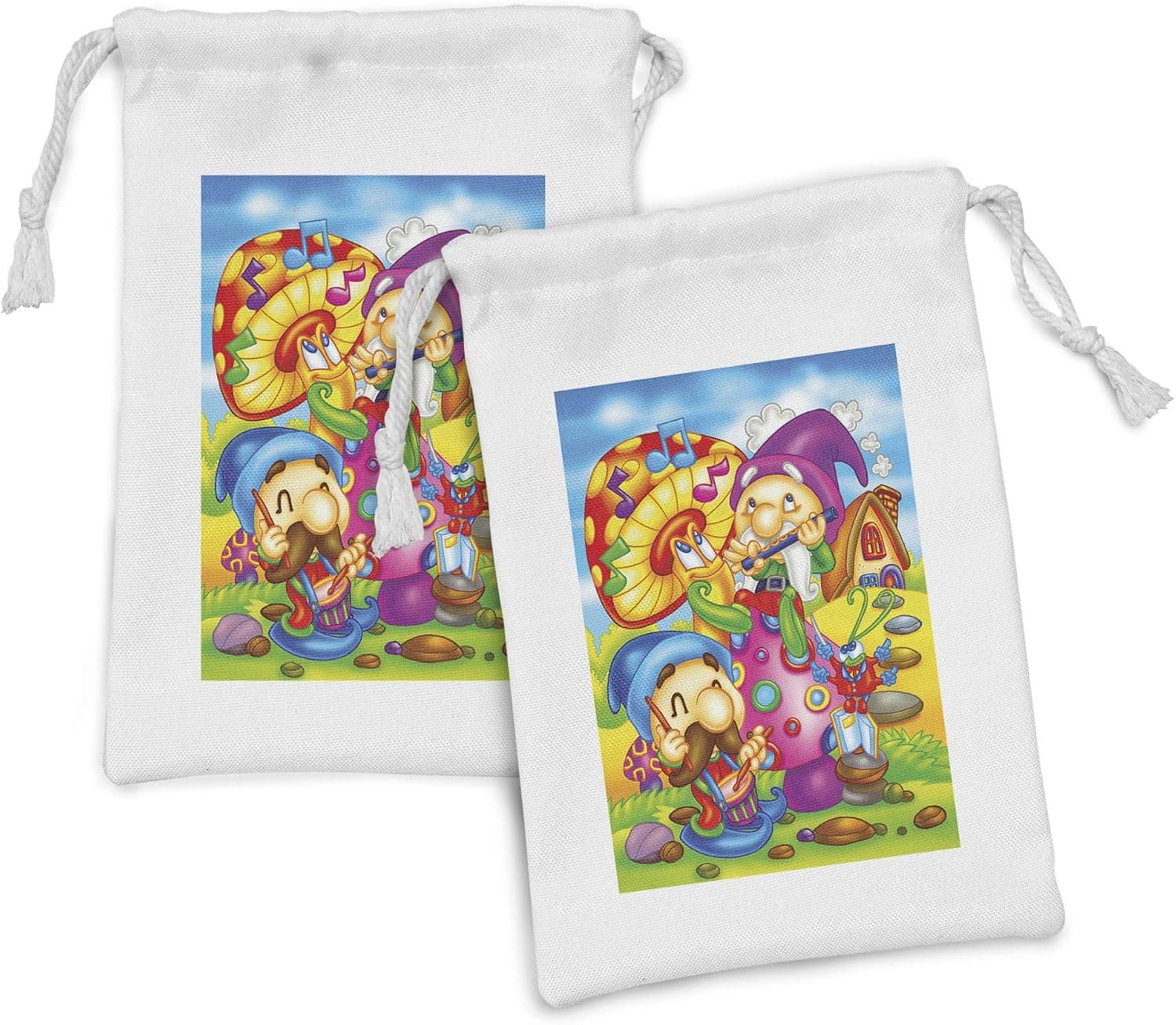 Ambesonne Fantasy Fabric Pouch Set of 2, Cartoon Singing Elves with Mushroom Playing Flute Musical Cheerful Illustration, Small Drawstring Bag for Toiletries Masks and Favors, 9" x 6", Multicolor