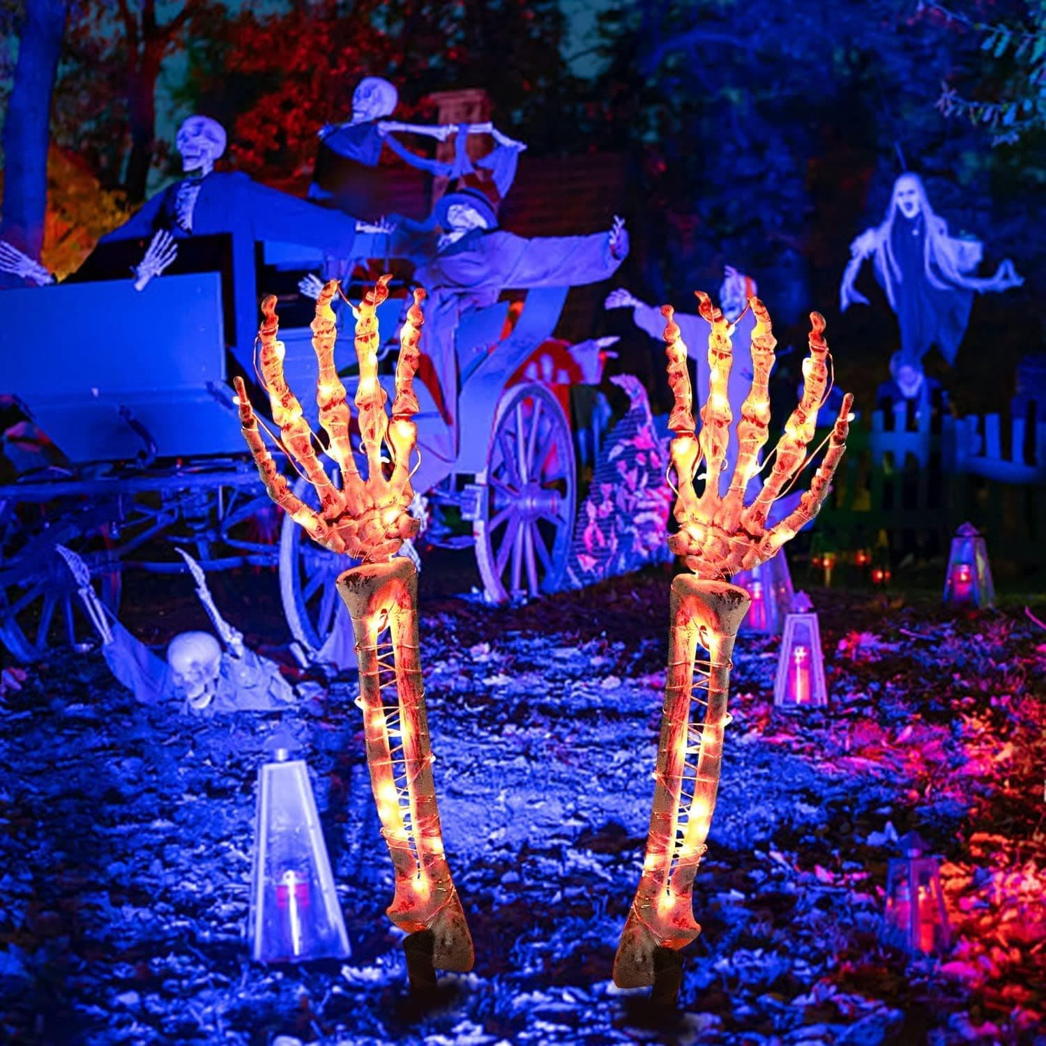 DANLI Halloween Decorations 2 Pack Lighted Skeleton Arm Stakes 40 LED Lights Battery Operated, Light Up Holiday Party Home Yard Art, Indoor Outdoor Ornament ,Warm White