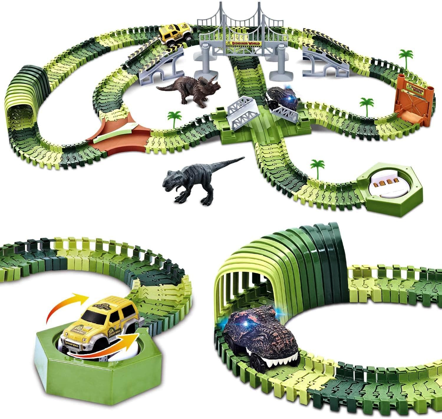 WESPREX Dinosaur Race Track Toy Set 288 PCS, Flexible Track Playset w/ 240 Tracks, 1 Dinosaur Car, 1 Race Car, 1 Drawbridge, 1 Tunnel, Create A Dino Track, Dinosaur Toy Gift for Kids Boys Girls Age 3+