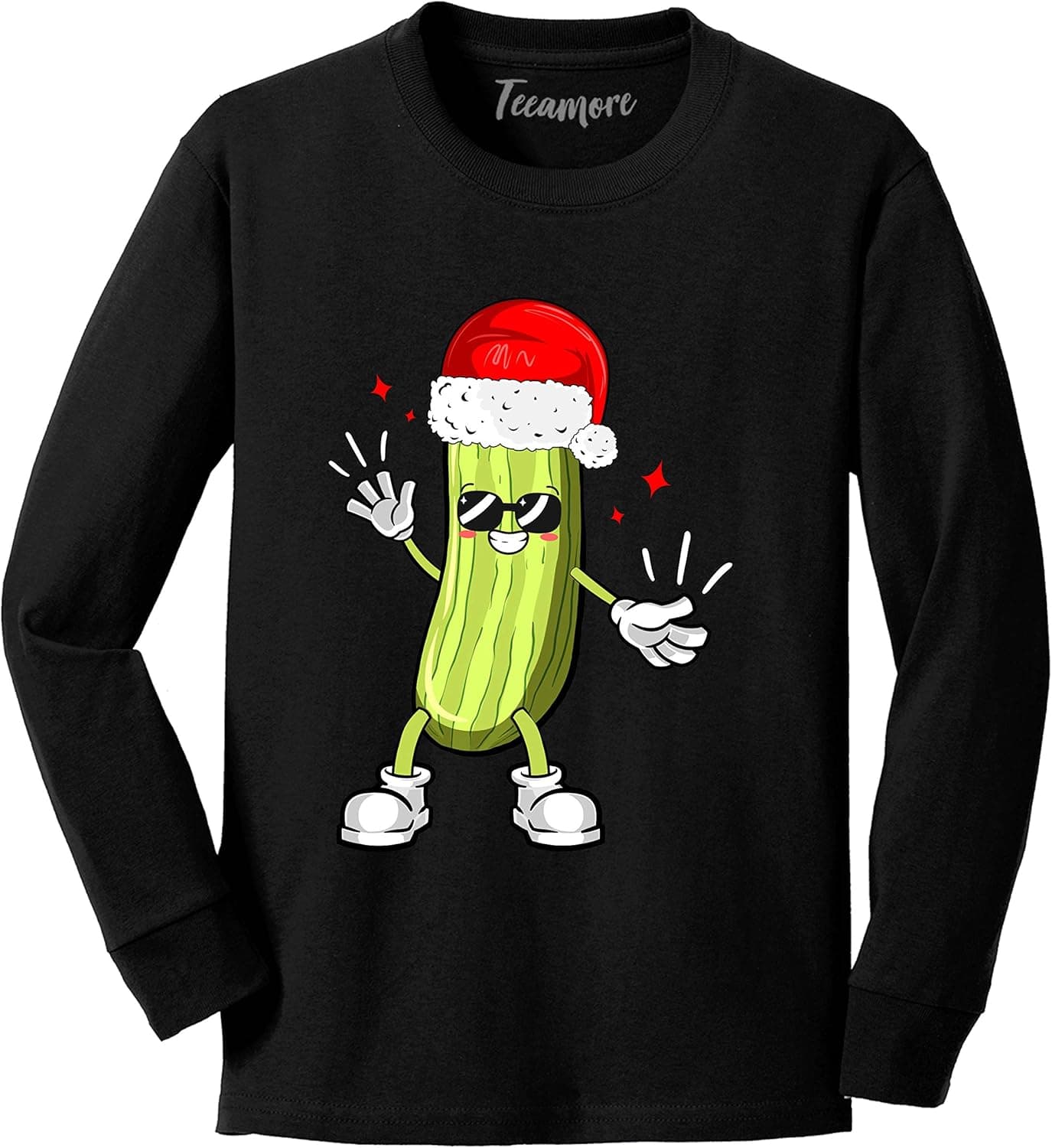 TEEAMORE Christmas Pickle Long Sleeve Santa Hat Funny Cucumber Graphic Youth Girl Boy Shirt