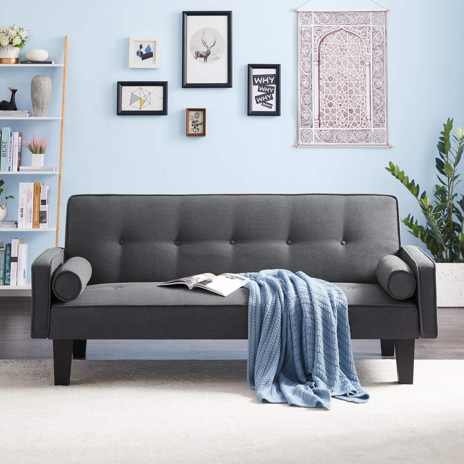 STARTOGOO Convertible Sleeper Futon Sofa Bed with 2 Pillows Recliner Couch Home Living Room Furniture Dark Gray