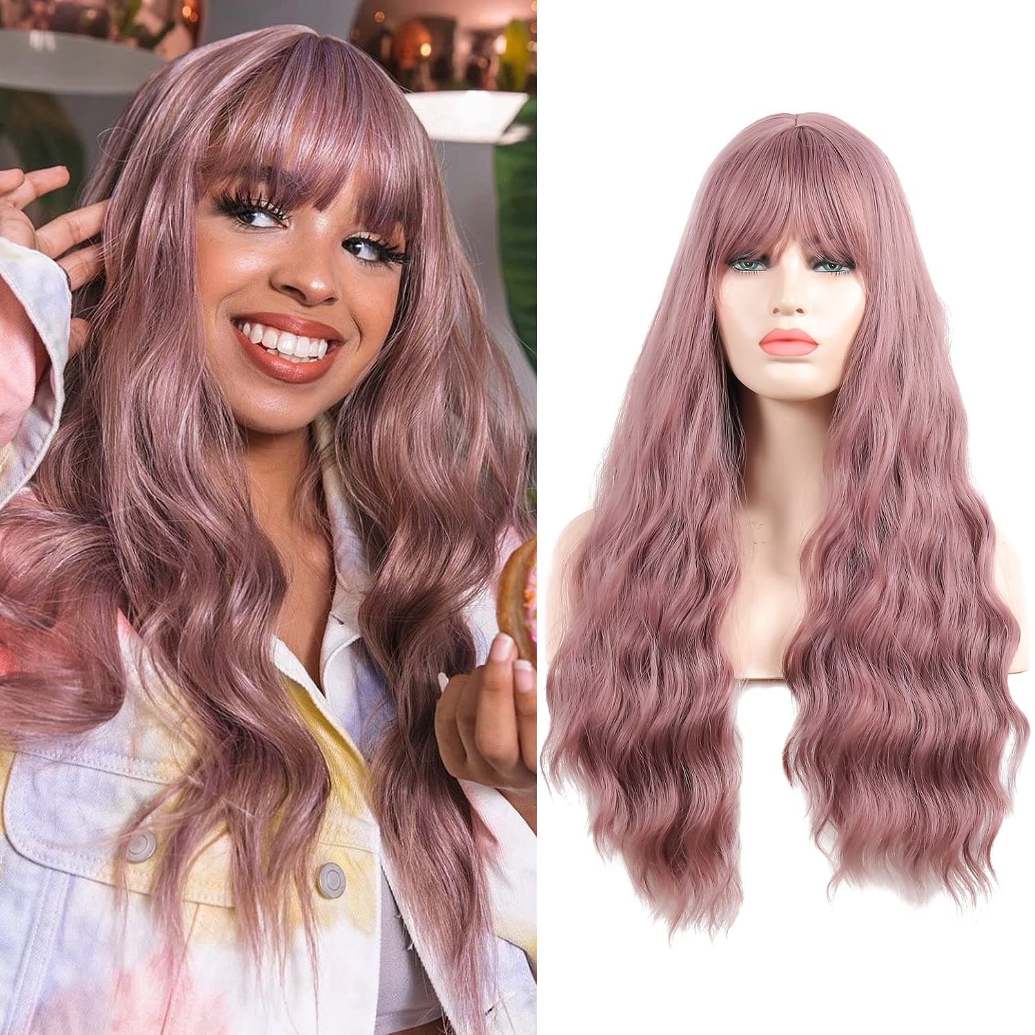 Wavy Wig Pink Wig for Women Wigs With Bangs Short Curly Pastel Bob Wigs Resistant Synthetic Cosplay Wig for Girl Heat Friendly Colorful Costume Wigs (Grey Pink)