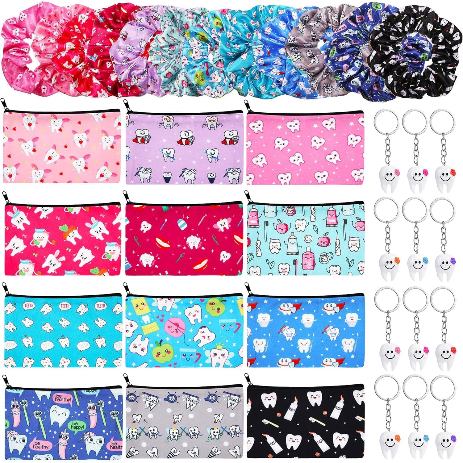 36 Pcs Dental Hygienist Gifts 12 Teeth Makeup Bags 12 Teeth Hair Scrunchies 12 Tooth Shape Key Chains Dental Assistant Cosmetic Pouch Tooth Elastic Hair Holder Hygiene Ponytail for Women Girls