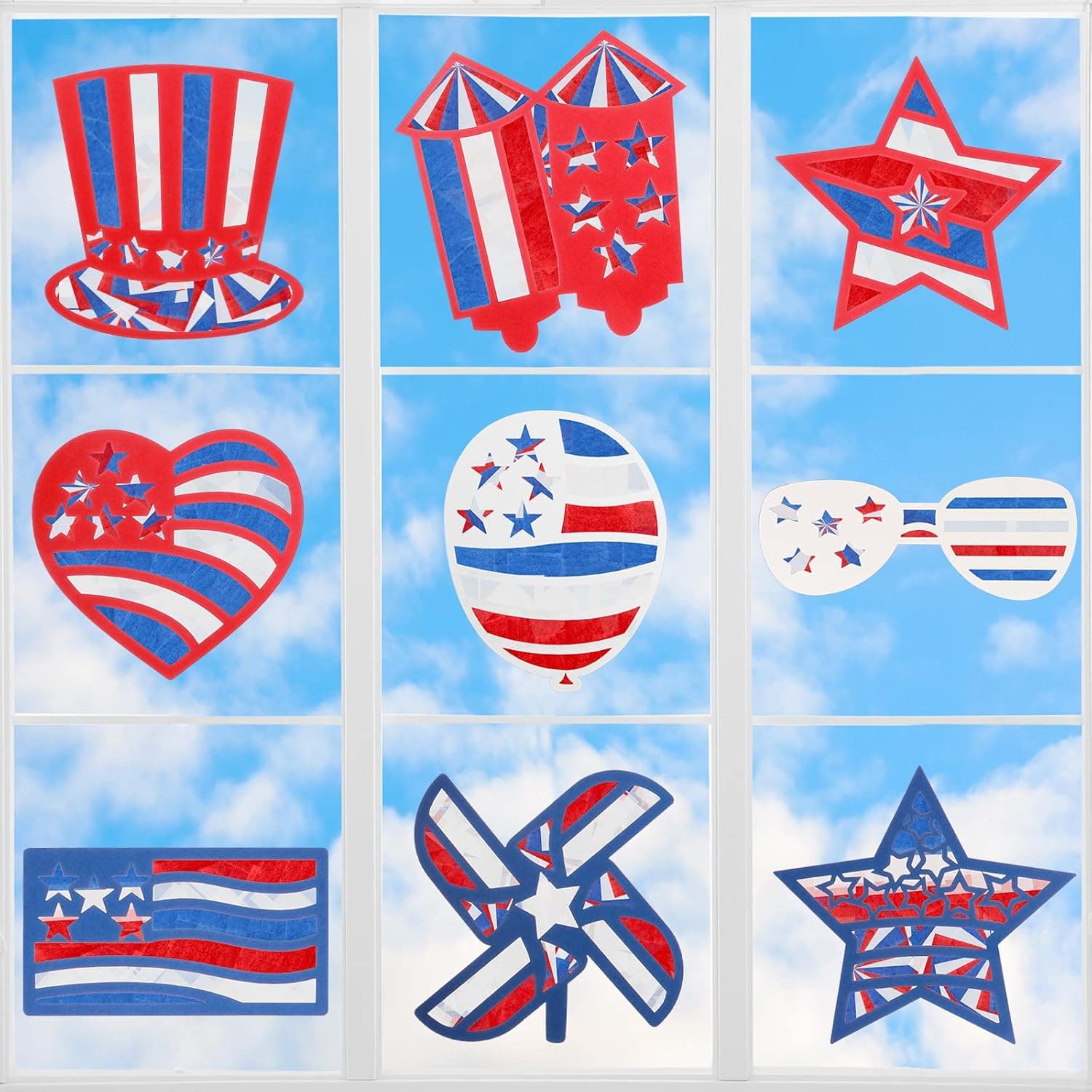 27 Pieces Valentine's Day Tissue Paper Heart Shaped Suncatcher Craft Kits DIY Crafts Paper Suncatcher Window Stained Glass Kit for Independence Day Autumn DIY Art Party Supplies (Cute Style)