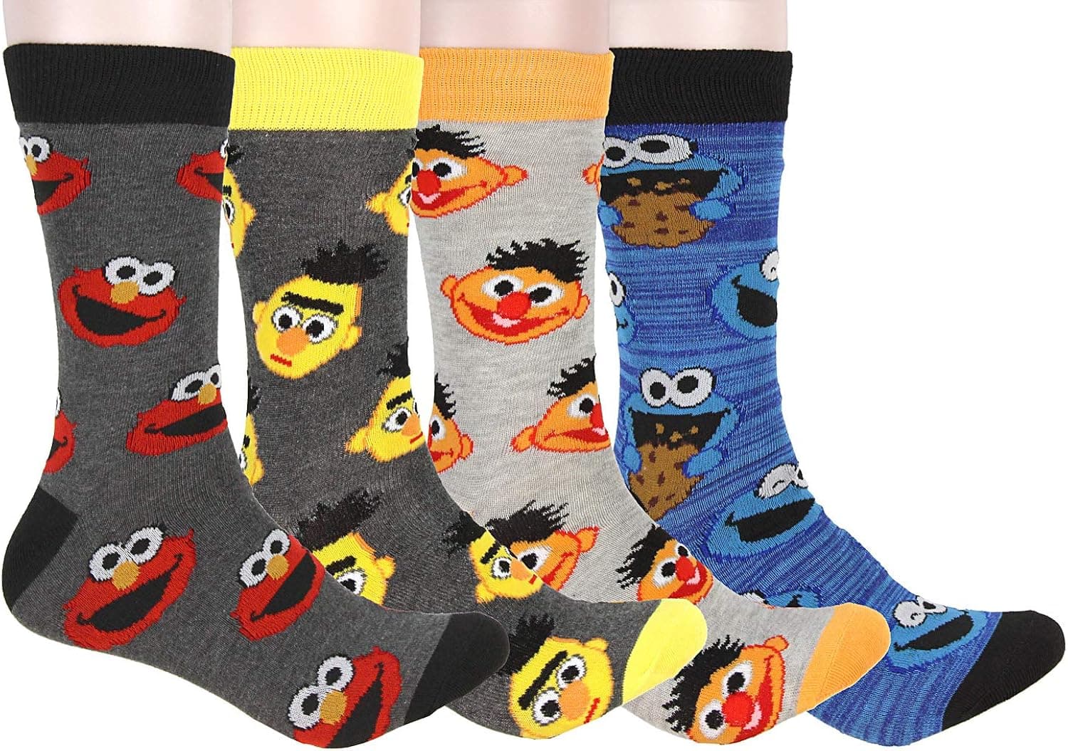 Bioworld Sesame Street Socks Adult Character Ernie Burt Cookie Monster Elmo Mid-Calf Crew Socks 4 Pair For Men Women