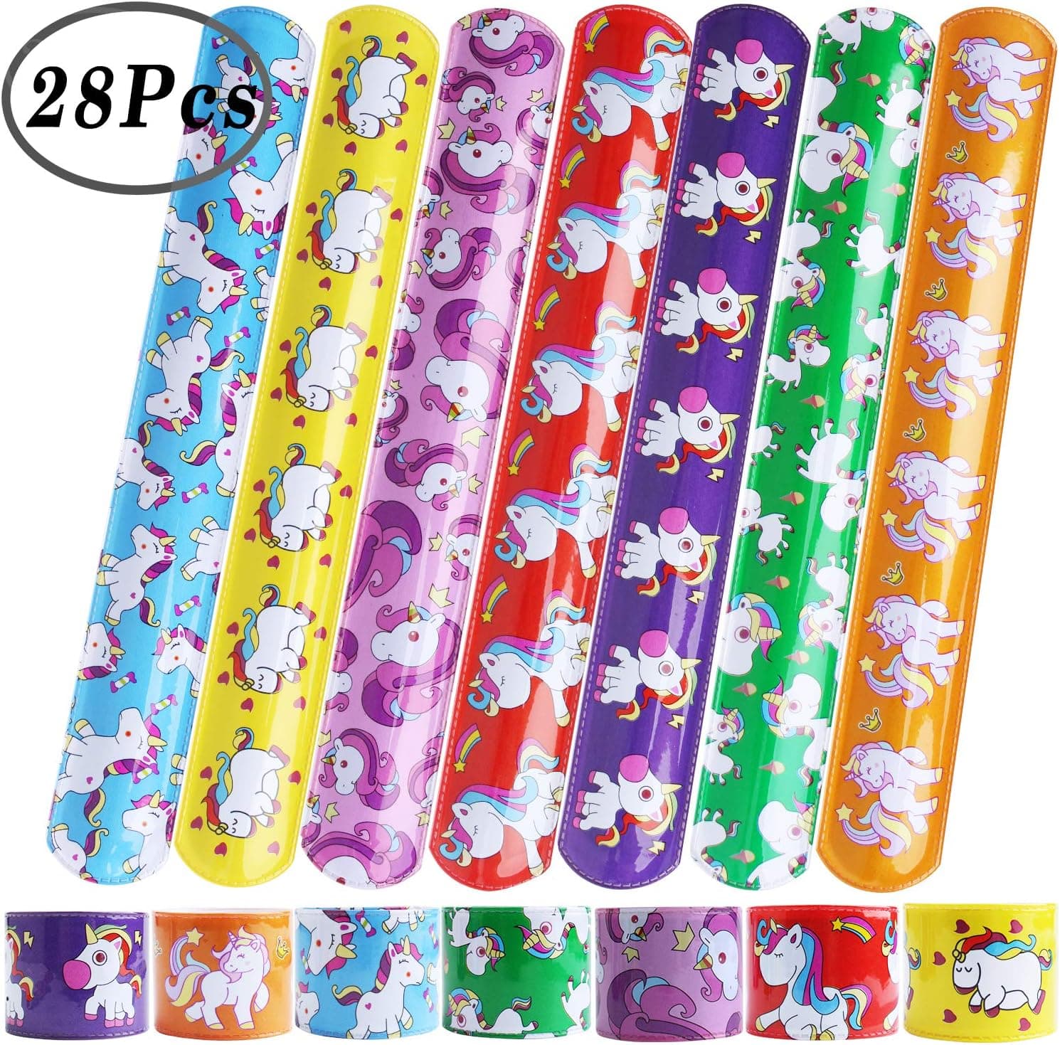 Hicdaw 28 Pcs Slap Bracelet for Unicorn - 7 Design for Kids Birthday Party Favors Prizes Classroom Reward
