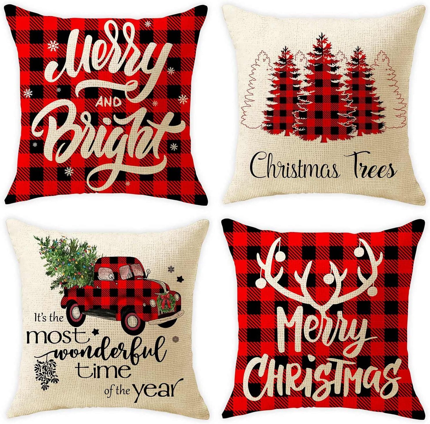 4 PCS Christmas Pillow Cover 18"x18" - Buffalo Plaid Xmas Christmas Decorative Couch Pillow Cases Cotton Linen Pillow Square Cushion Cover,Ideal Gift for Holiday