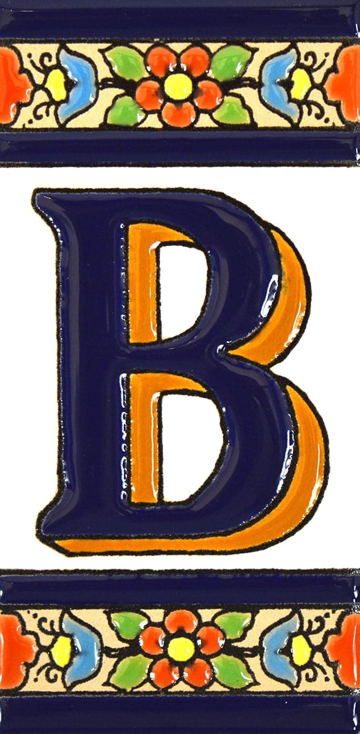 House letters 4 inch. Handpainted house letter tiles for signs, addresses and names. Address numbers for houses. House address numbers and letters. Design FLORES MEDIANO 4,29" x 2,13" (LETTER B)