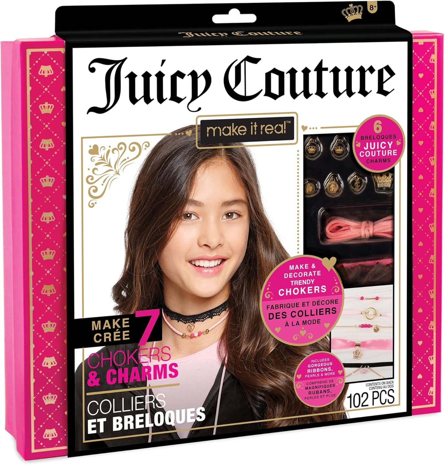 Make It Real Juicy Couture: Chokers & Charms Kit - Create 7 Unique Necklaces, 102 Pieces, 7 Trendy Chokers, 6 Juicy Charms, Tweens & Girls, Elastic Fitted Necklaces, DIY Bead Jewelry Kit, Ages 8+
