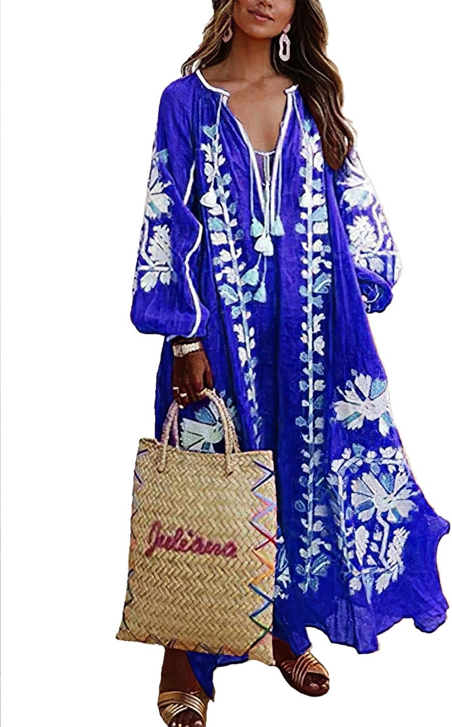 Casual Loose Bohemian Long Sleeve Floral V Neck Maxi Dress for Women