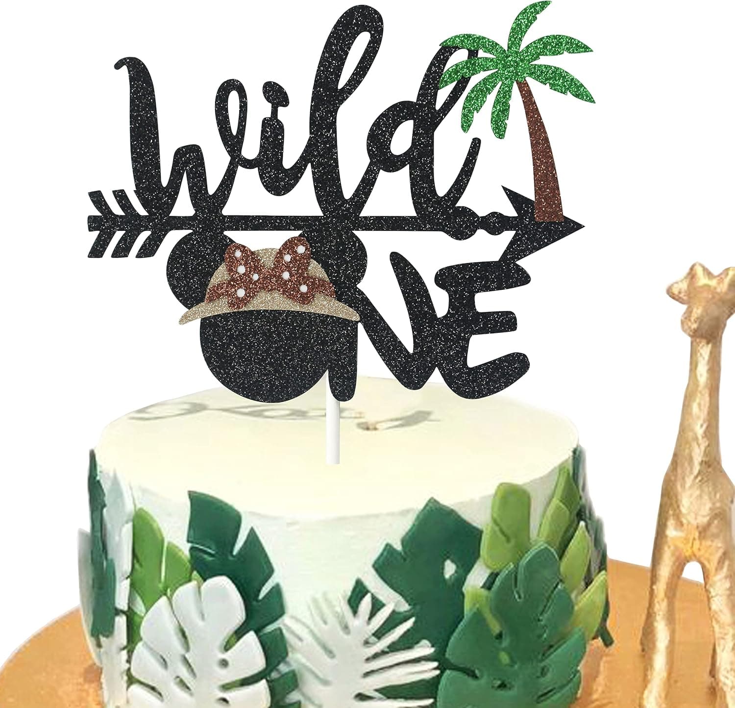 Minnie Safari Wild One Birthday Cake Topper, Minnie Safari First Birthday Cake Decorations Let's Go Wild Jungle Safari Party Cake Decor for One Year Old Baby Girl,Glitter