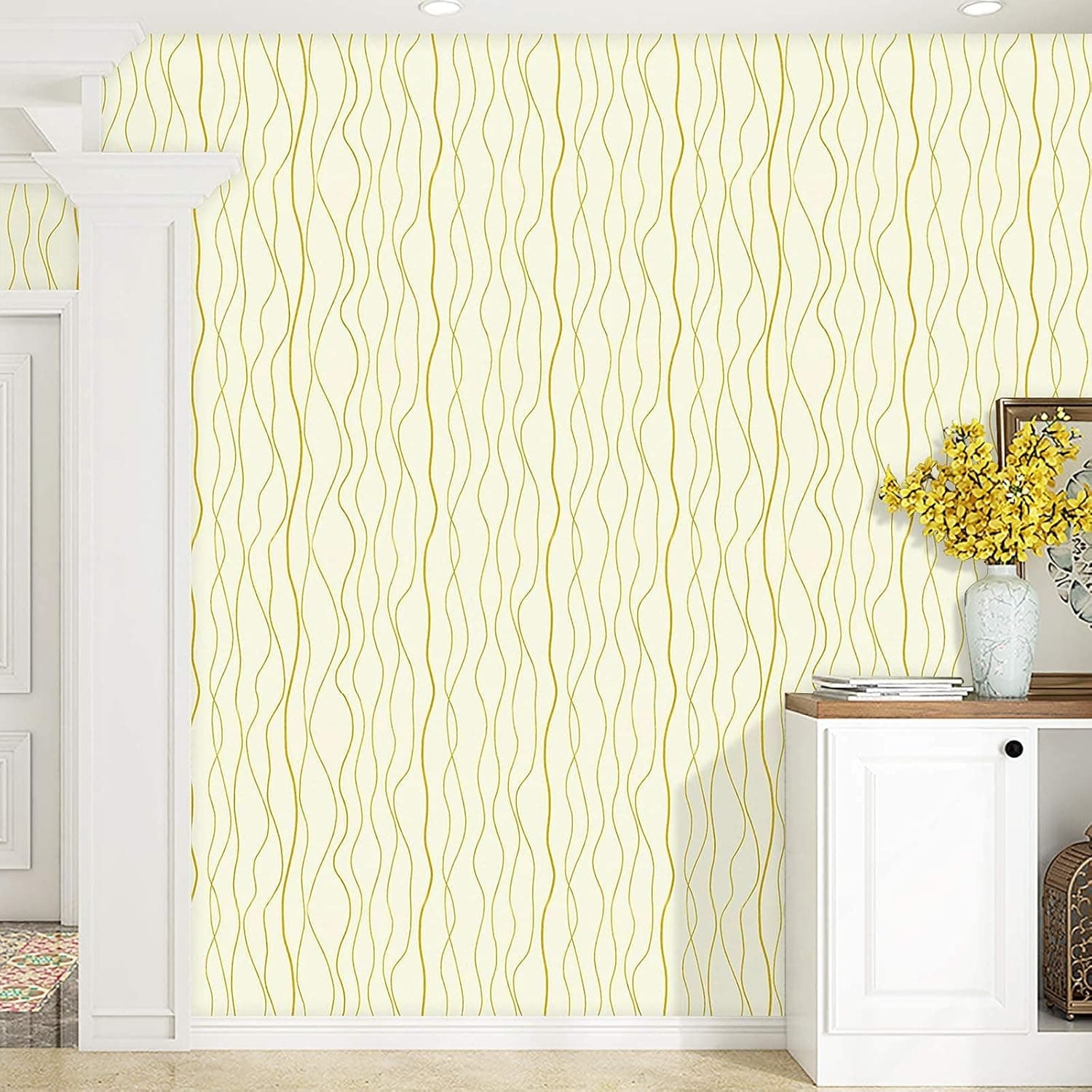 17.7"X 118" Gold and Beige Wallpaper Wave Stripe Contact Paper Beige Peel and Stick Wallpaper Modern Self-Adhesive Paper Waterproof and Removable Vinyl Paper for Shelf Drawer Liner Wall Covering