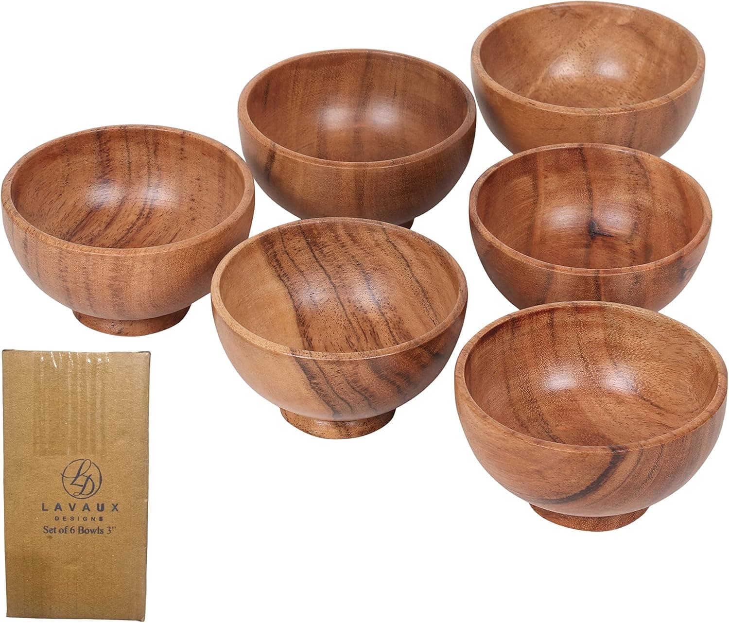 LAVAUX DESIGNS Set of 6 Acacia wood small bowls, 4 fl oz 3.25 * 2 inches | Mother's day gift | Wooden Kitchen Mini Cups for Dips, Sauce, Nuts, Prep, Spice & Condiments | Charcuterie Accessories