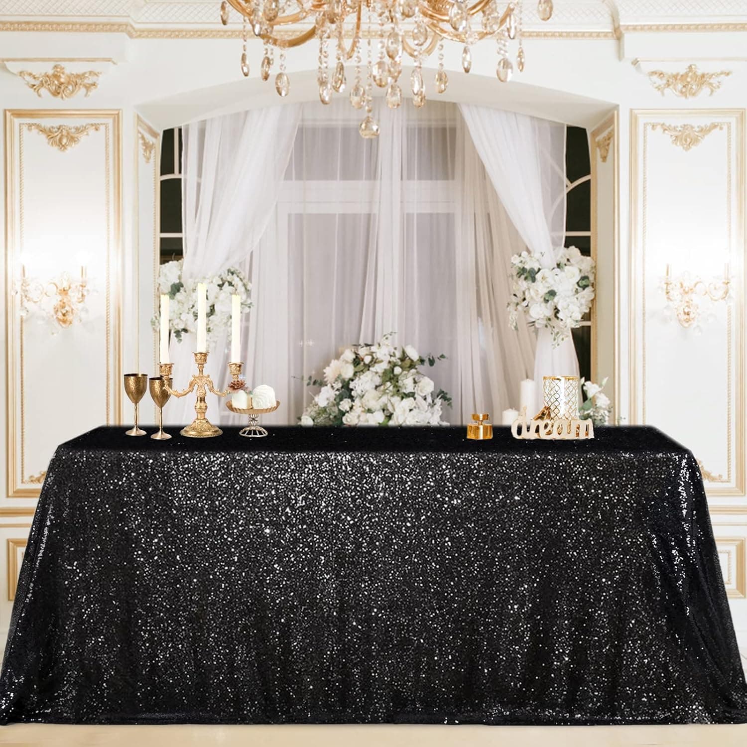 B-COOL 60x102-inch Black Sequin Table Linens Seamless Glitter Tablecloth Wedding Sequin Tablecloth