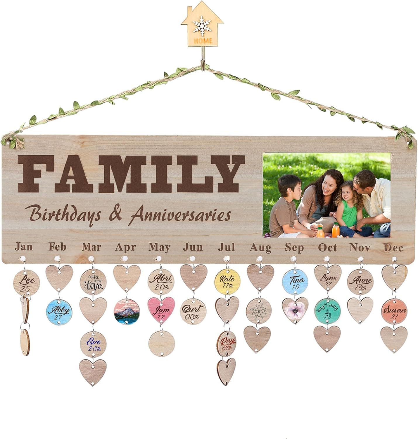 Large Family Birthday Reminder Wooden Board Calendar Wall Hanging DIY Signs - 60Sets Wood Heart/Circle Tags with Photo Frame