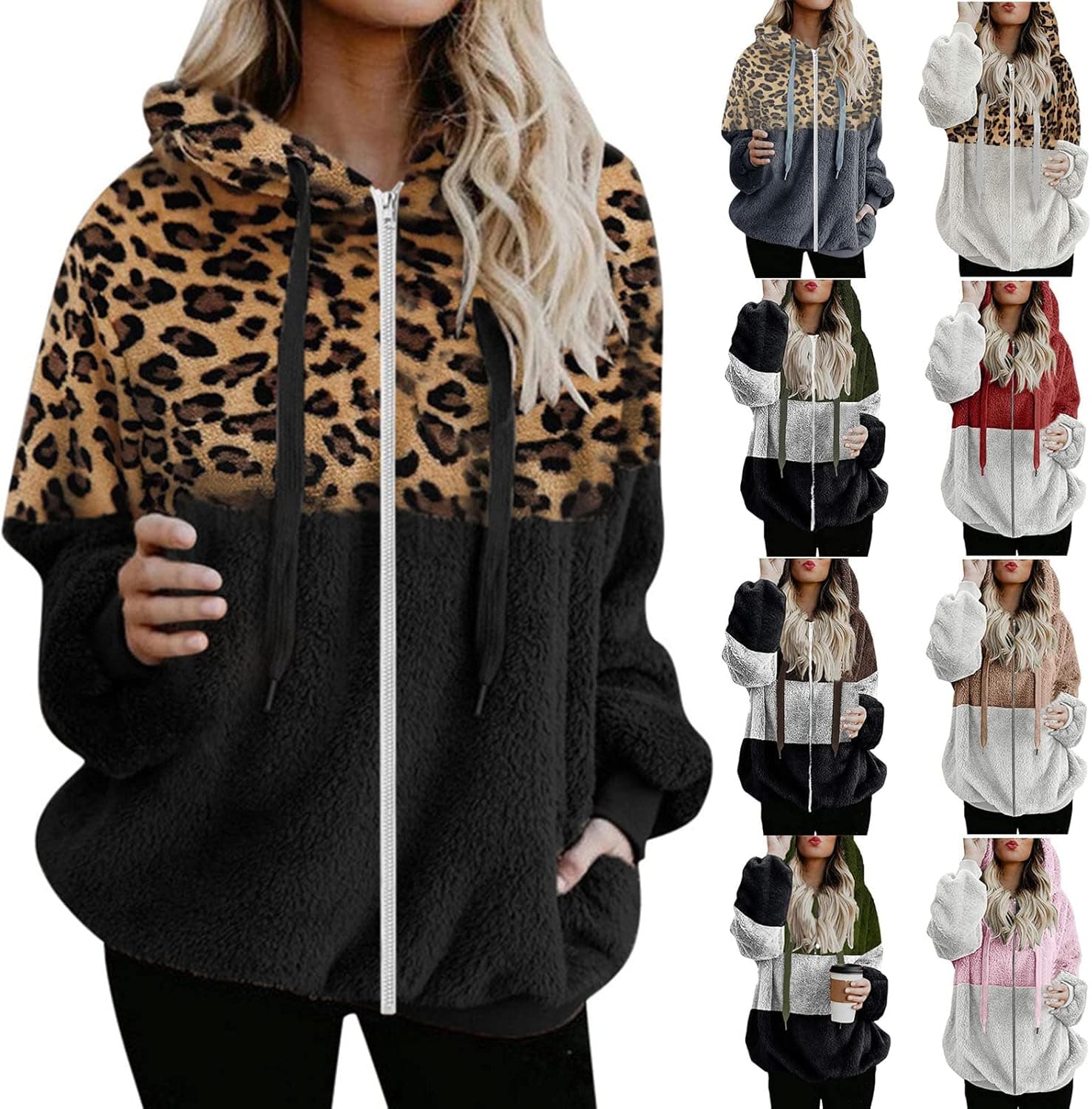 MIANHT Womens Hoodie Jacket Warm Coat Fuzzy Fleece Hooded Jackets Zipper Leopard Splicing Long Sleeve Blouse Coat Hoodie