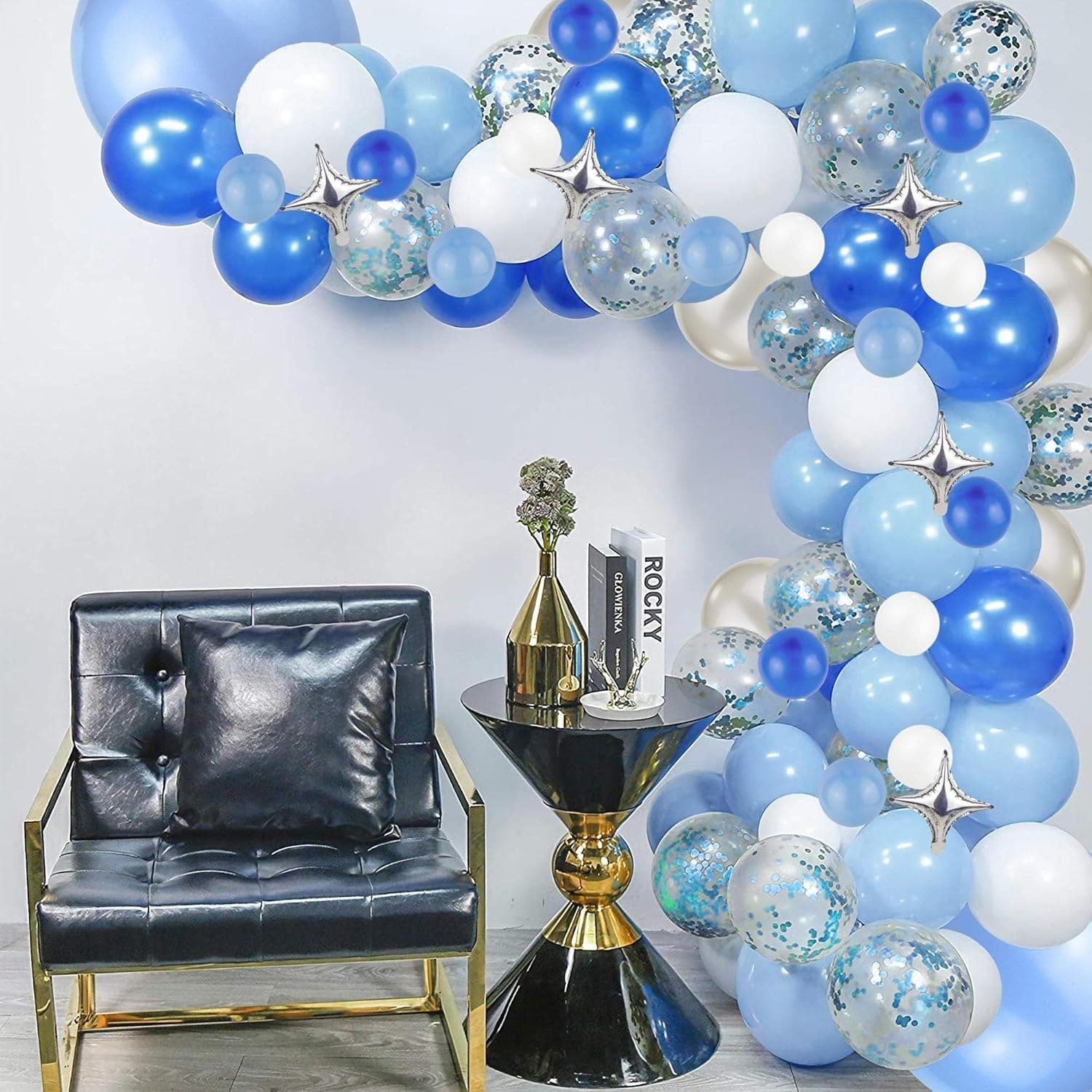 SDALU Blue Balloon Garland Kit, 130pcs Royal Blue Silver White Confetti Balloons Arch Kit Wedding Birthday Party Decorations Balloon Column Kit Comes With Glue Points Arch Strip Tying Tool