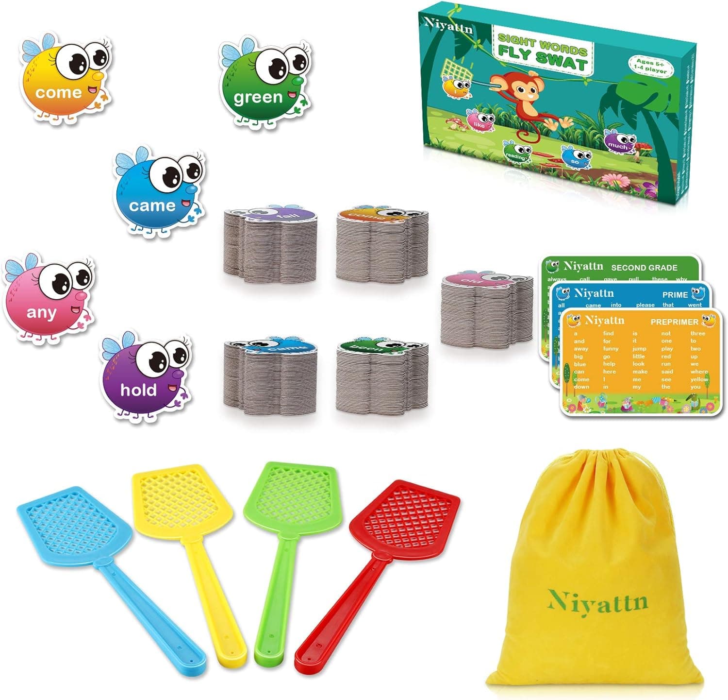 Niyattn Sight Word Games | 220 pcs Thick Dolch Sight Word Fly Swat Game for Kindergarten Homeschool & Classroom Teaching Supplies| Phonics Game for Kids 5,6,7,8,9| w/ 68 Blank Cards & Storage Bag