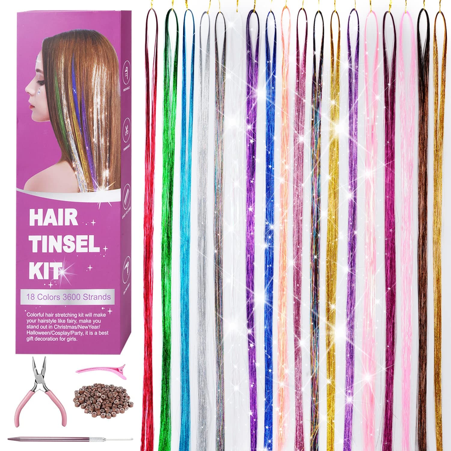 FEENGYU Hair Tinsel Kit, 3600 Strands 18 Mixed Colors Tinsel Hair Extensions with Tool 47" Glitter Fairy Hair Tinsel Heat Resistan for Women, Girls Hair Accessories for Halloween Christmas New Year Masquerade and Music Festival Party