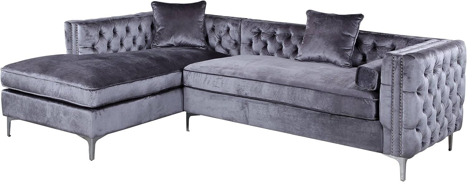 Iconic Home Da Vinci Tufted Silver Trim Grey Velvet Left Facing Sectional Sofa with Silver Tone Metal Y-Legs