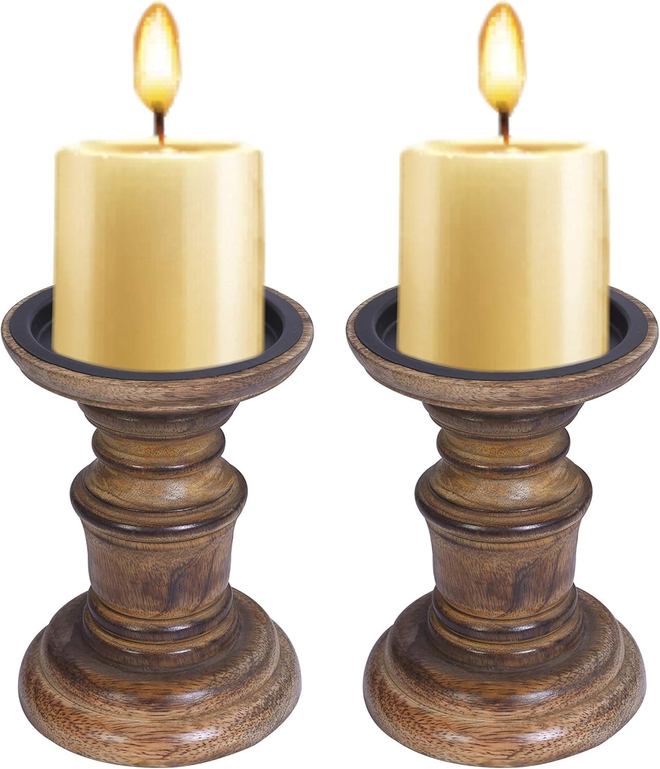 Wooden Candle Holders With Spiked Candle Plates, Traditional Style Table Decor,Rounded Turned Columns, Sustainable Mango,Country Style Gift For Wedding, Party, Home, Spa- 5.5 Inch Set of 2 - Burnt