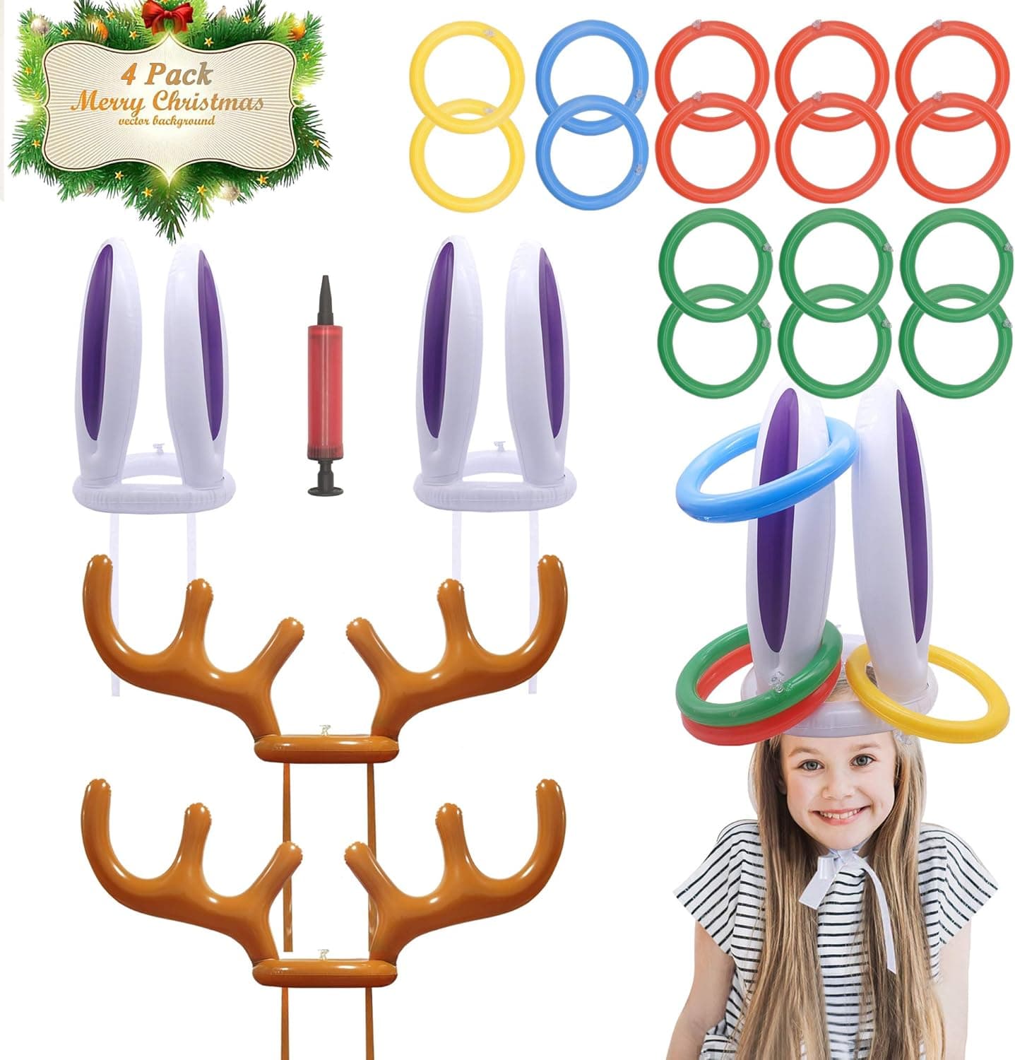 BeeTwo Ring Toss Game, Inflatable Bunny Ears Reindeer Antler Hat Toss Game for Kids Easter Christmas Party Indoor Outdoor Game (2 Antlers, 2 Rabbit Ears, 16 Rings, Include an Air Pump)