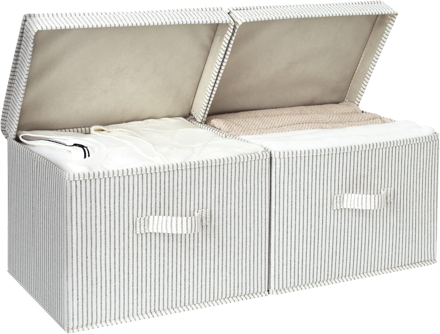 StorageWorks Decorative Storage Boxes, Storage Basket With Lid And Handles, Gray and White Stripes, Large, 2-Pack