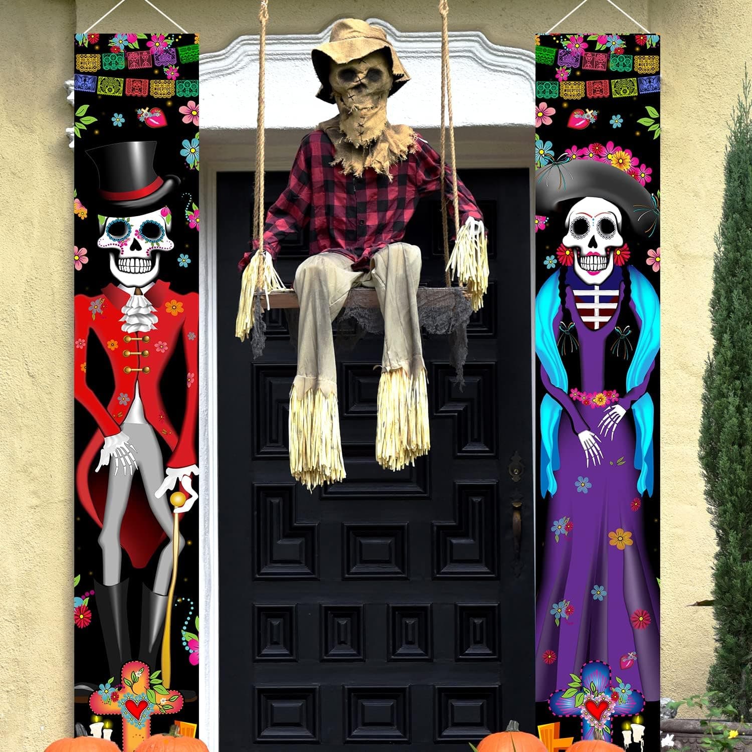 mokeja party Day of the Dead Decorations Porch Sign Banner Halloween Decorations Mexican Sugar Skull Door Banner Dia De Los Muertos Cinco De Mayo Supplies for Front Door, Office, Garden Decor - 2pcs
