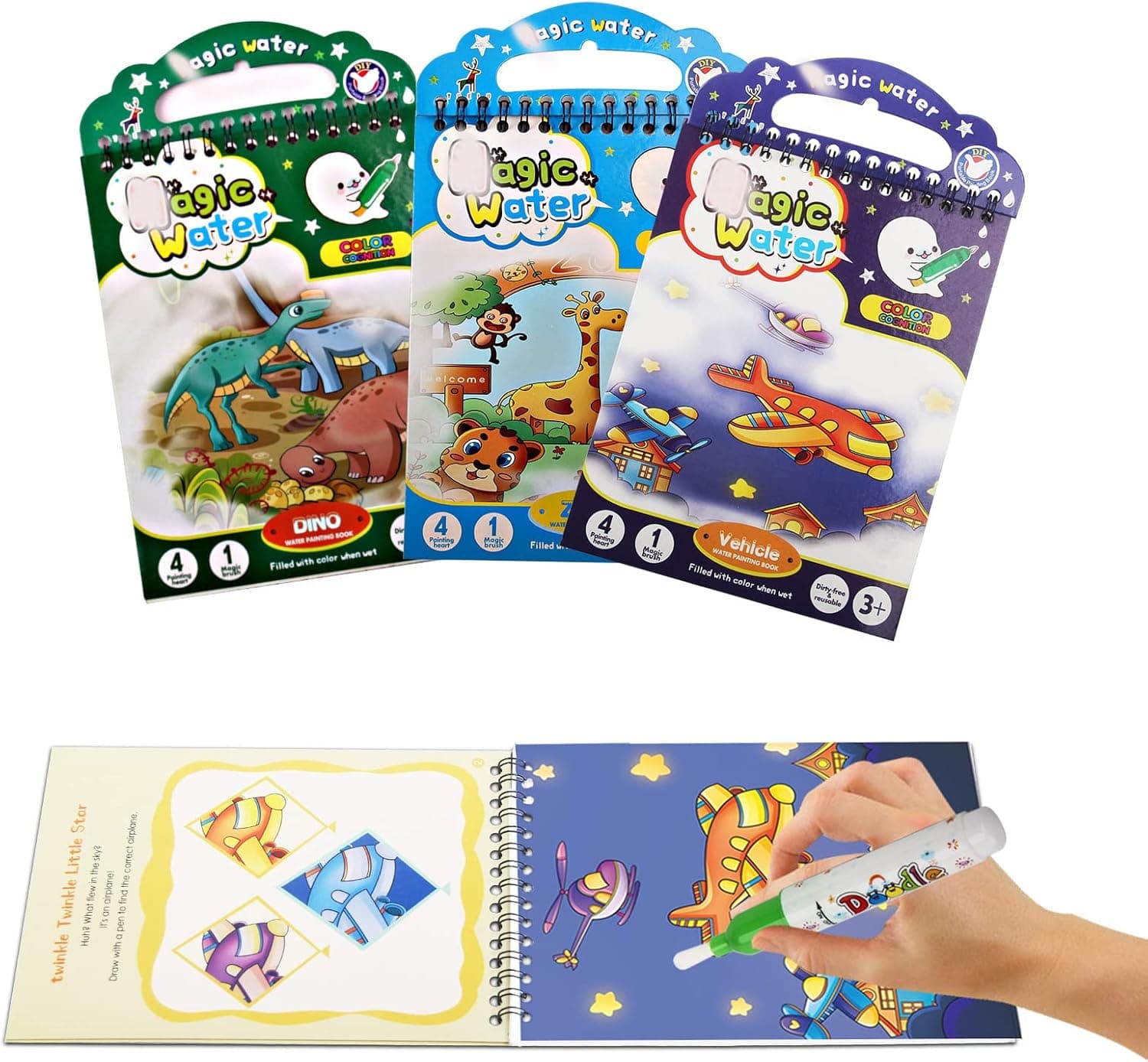 3 Pack Water Coloring Books for Toddler Kids, Reusable Paint with Water Books Water-Reveal Activity Pad for Kids, Travel Kits Gift for Girl & Boy Age 3 4 5(Dinosaur+Animal+Vehicle)