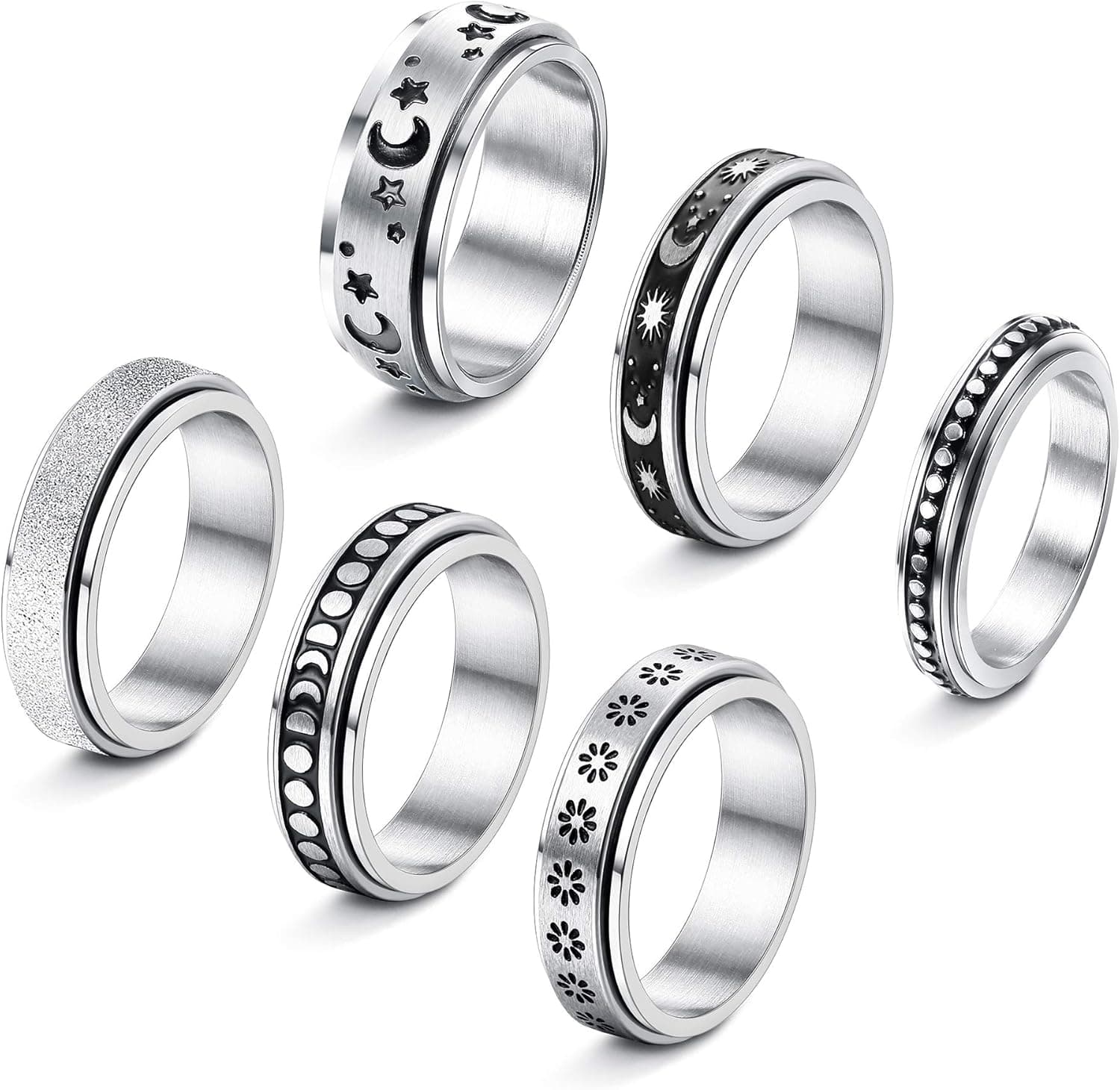 THUNARAZ Titanium Stainless Steel Anxiety Ring for Women Men Spinner Rings Fidget Ring Set 6-8mm Wide Stress Relieving Fashion Wedding Promise Band Rings Size 5-11
