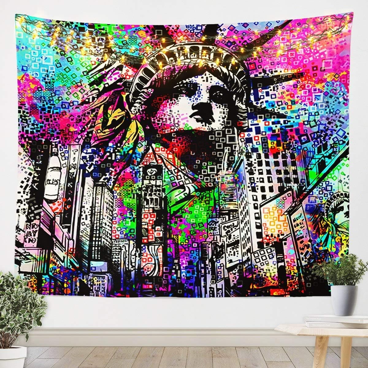 Manfei Graffiti Tapestry American Statue of Liberty Wall Hanging Tapestries New York City Streetscape Hippie Art Wall Hanging for Bedroom Living Room Decoration, XLarge 70.9 x 92.5 Inches