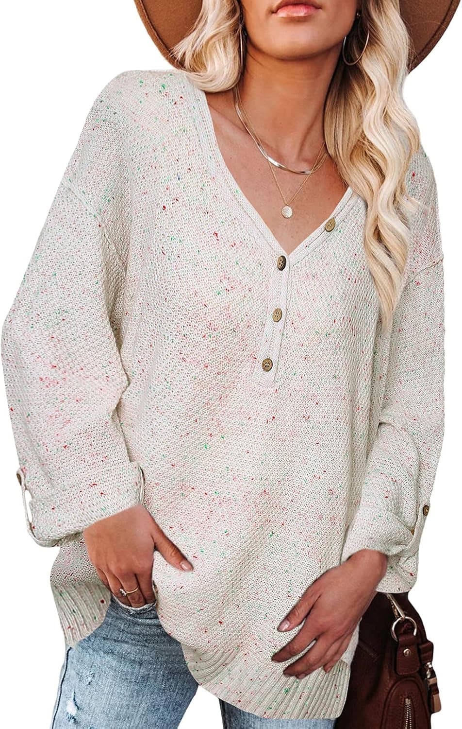 SHEWIN Women's Long Sleeve V Neck Button Knit Sweater Casual Loose Pullover Jumper Tops