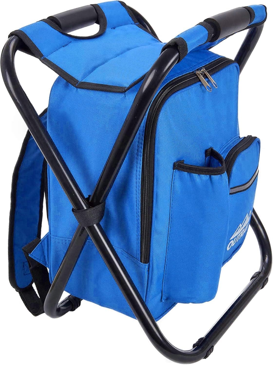 Blue Backpack Cooler and Stool - Collapsible Folding Camping Chair and Insulated Cooler Bag with Zippered Front Pocket and Bottle Pocket – for Hiking, Beach and More - by Outrav