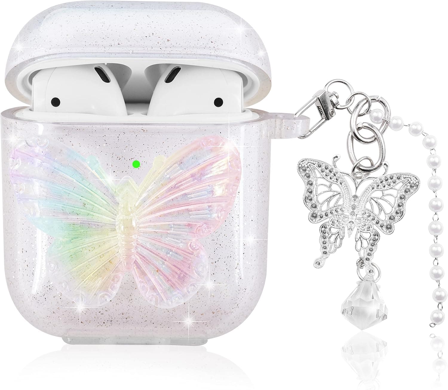 Aiiko 3D Butterfly Airpod Case with Keychain Clear Glitter Airpod Gen 2 Case for Women Girl Soft TPU Shockproof Protective Compatible Apple AirPods 1st 2nd Generation Charging Case