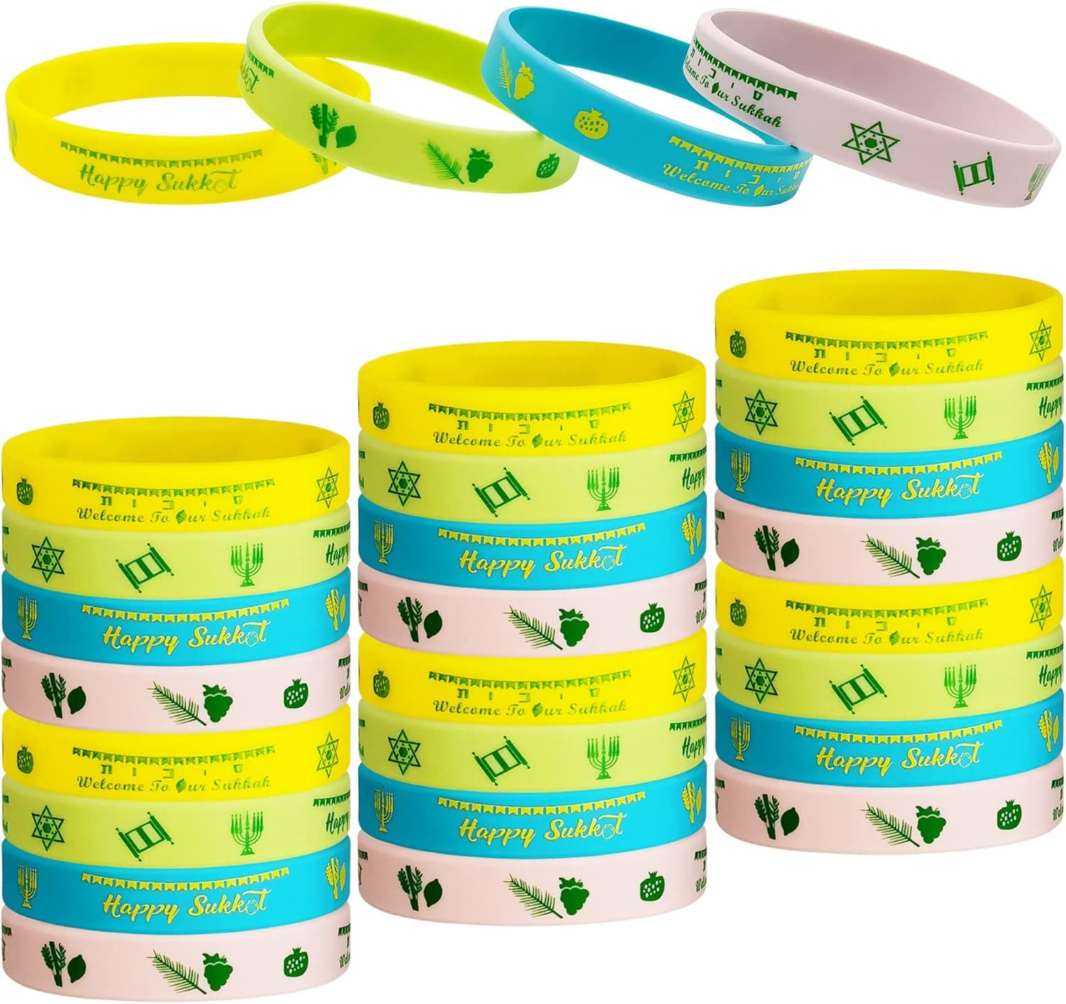 24 Packs Happy Sukkot Rubber Wristbands | Sukkah Party Supplies Silicone Wristbands Jewish Holiday Party Supplies Party Gifts - Happy Sukkah Party Favors Party Goodie Bag Fillers Stuffers