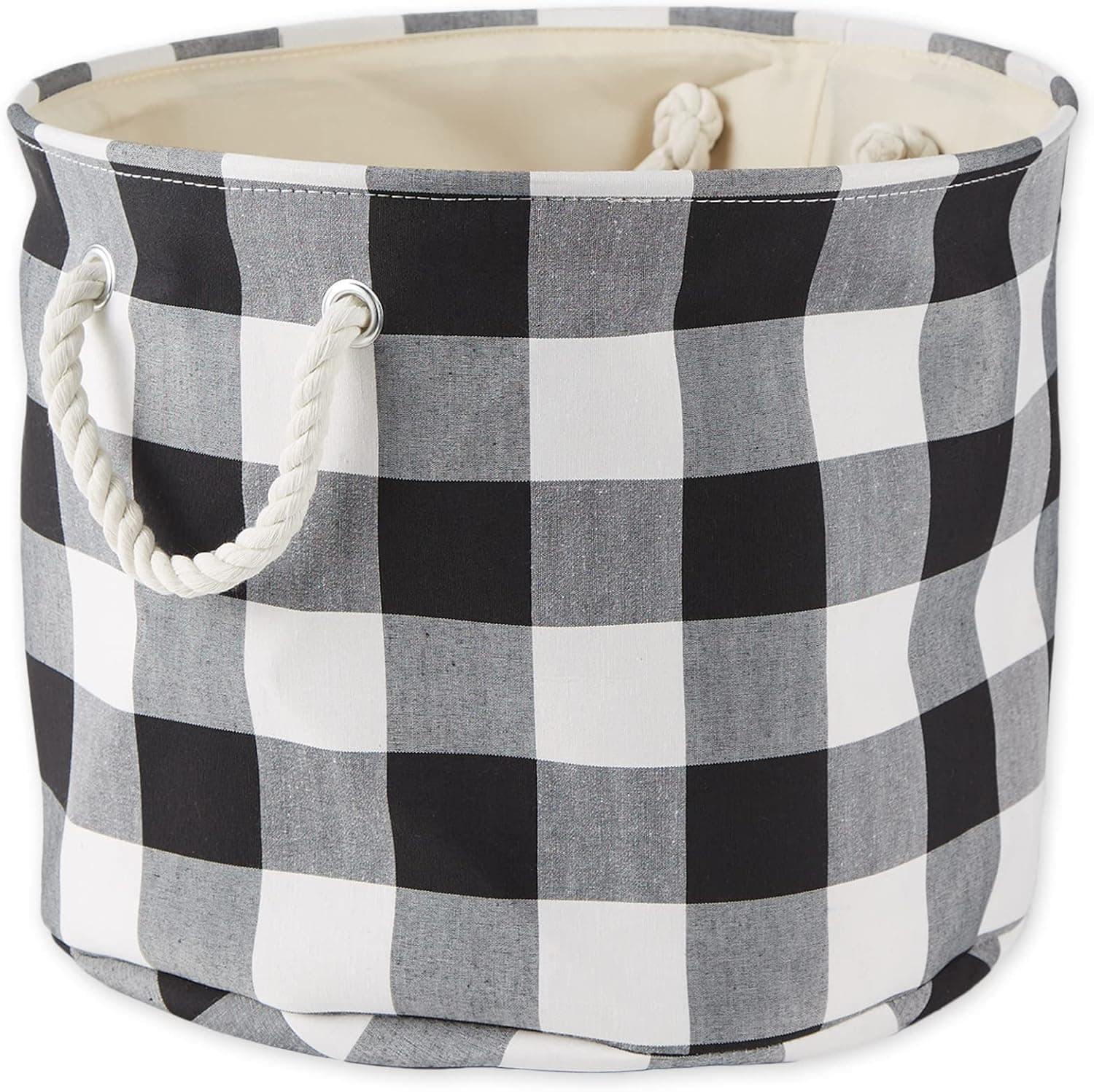 DII Buffalo Check Storage Collection Collapsible Bin with Handles, Medium Round, 15x15x12, Black & White