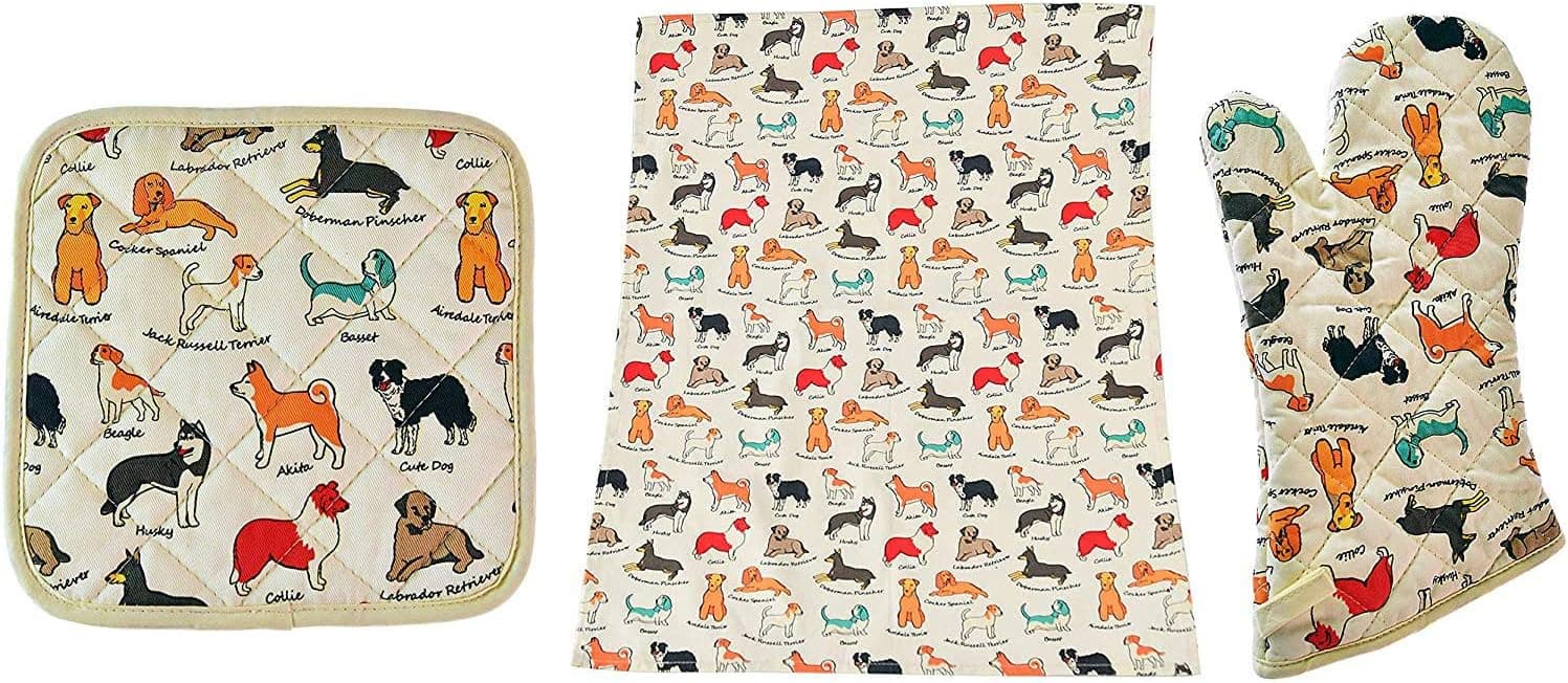 Home-X Oven Mitt, Potholder, and Tea Towel Kitchen Set for Dog Lovers