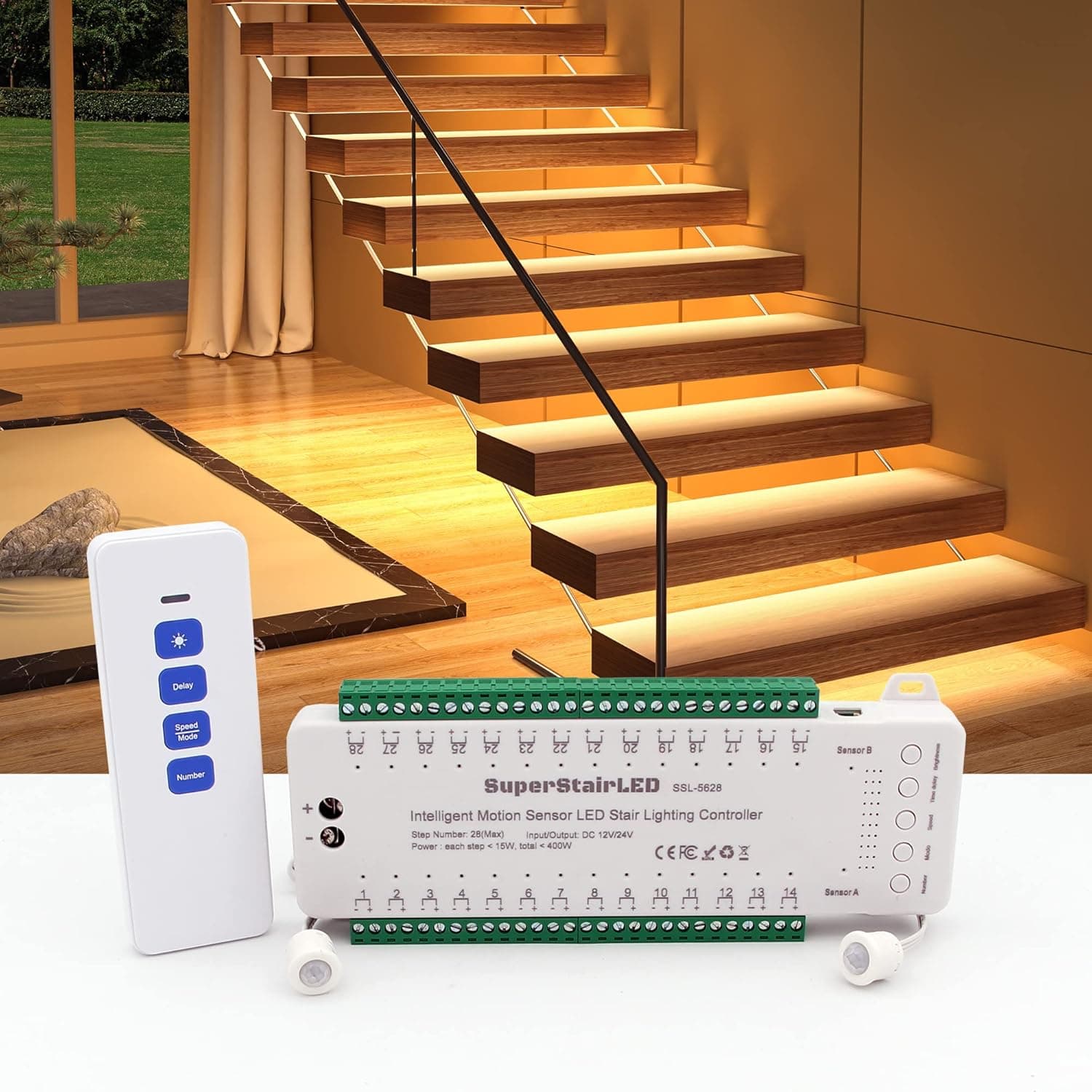 SuperStairLED Motion Sensor LED Stair Lights Controller SSL-5628, 9 Modes Speed Brightness Adjustable Use for Max 28 Steps Indoor LED Stair Lighting LED Step Lights LED Stair Lights