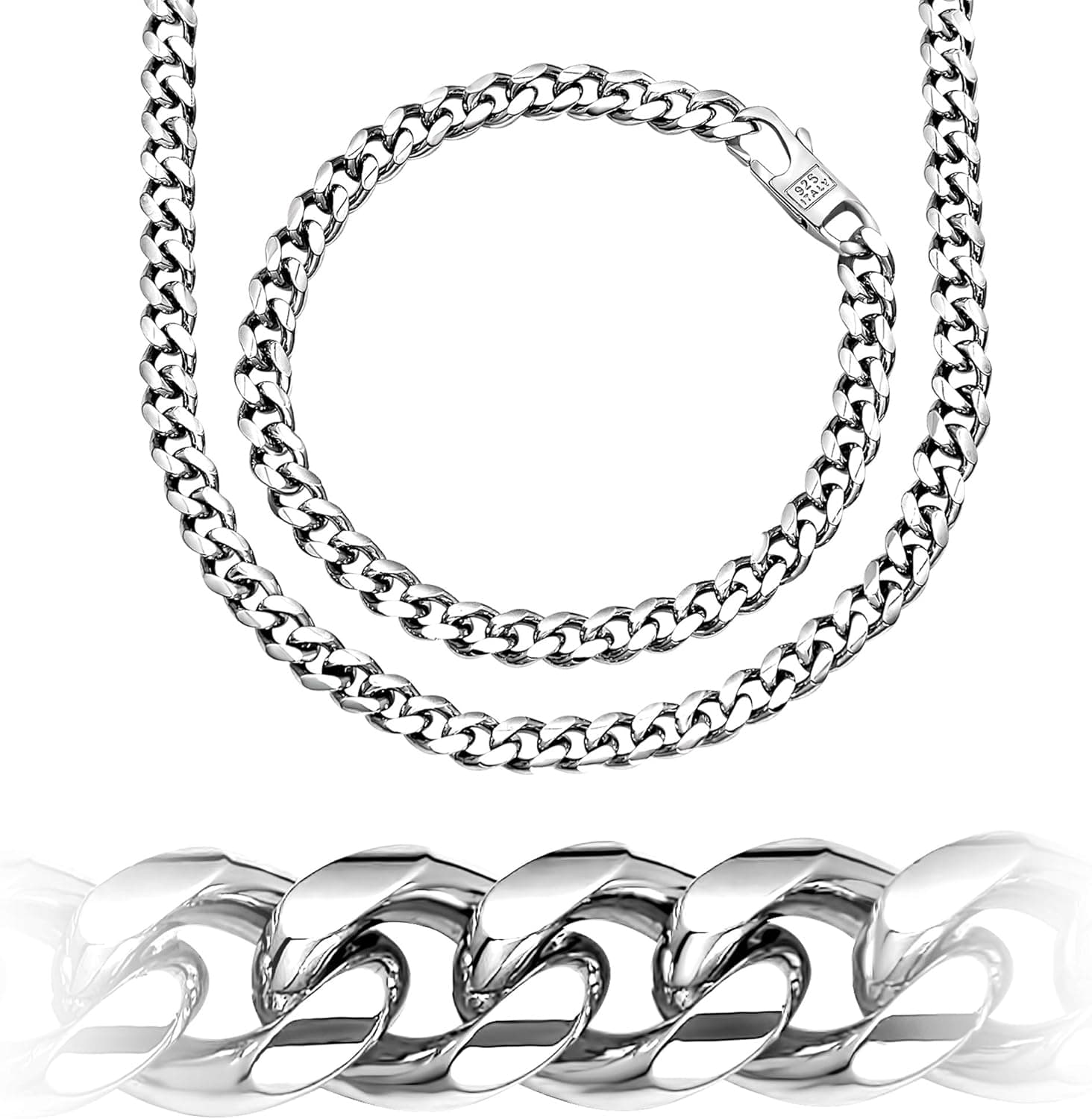 Miami Cuban Link Sterling Silver 6.19mm Chain, Solid & Heavy, Platinum Plated, Hand Made in Italy, Secure LinxLock Design, Necklace and Bracelet Sold Individually