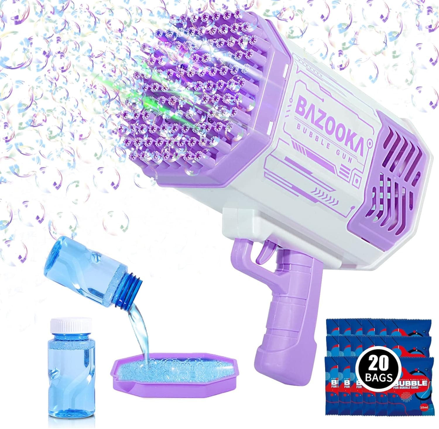 Bubble Gun Machine 69 Hole with Bubble Solution for Kids Adult Toy Gift 5000+ Bubbles Per Min Portable Bubble Blower Makers for Outdoor Indoor Game Wedding Birthday Party Purple