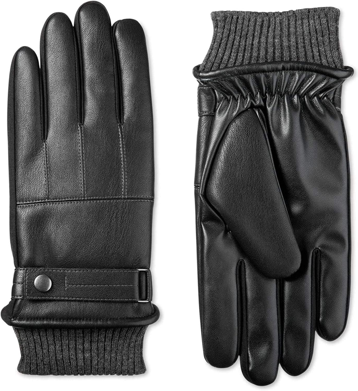 Isotoner Mens Faux Nappa Leather Smart Touch Winter Gloves Black L