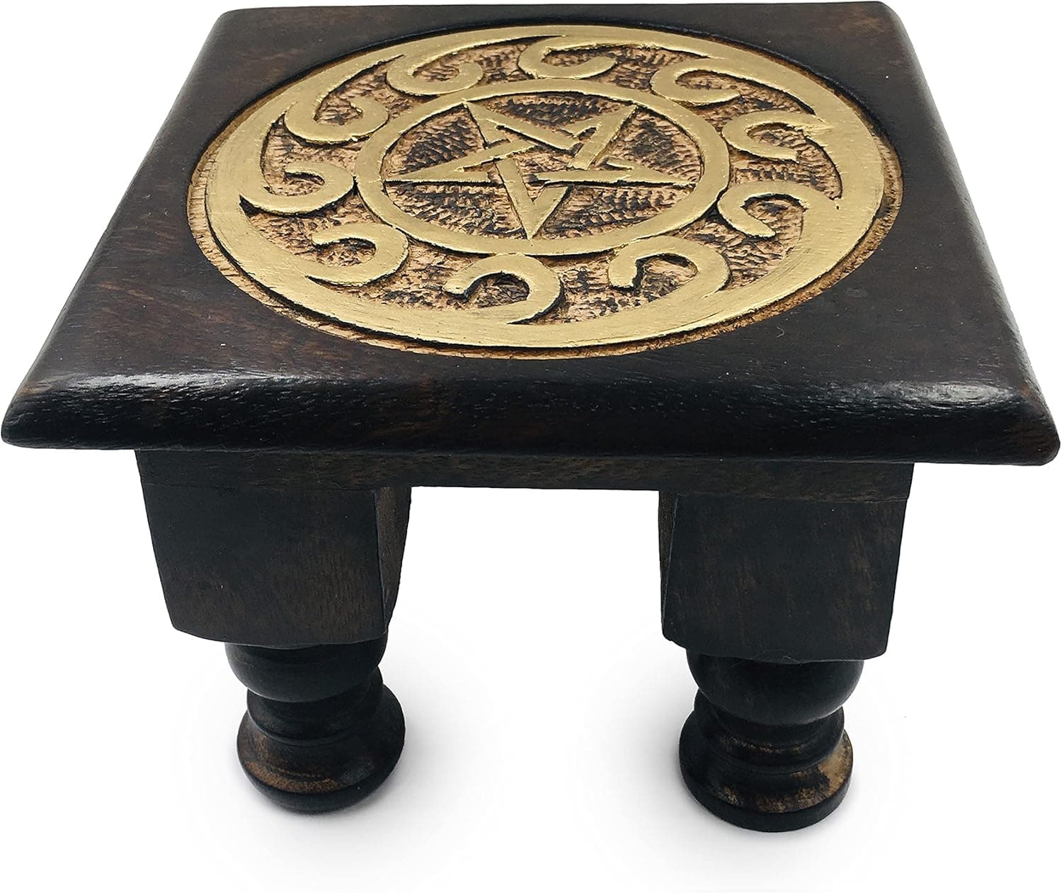 Pentagram Altar Table, Hand Carved and Painted Black with Gold. 6 Inches Wide, 4 Inches Tall