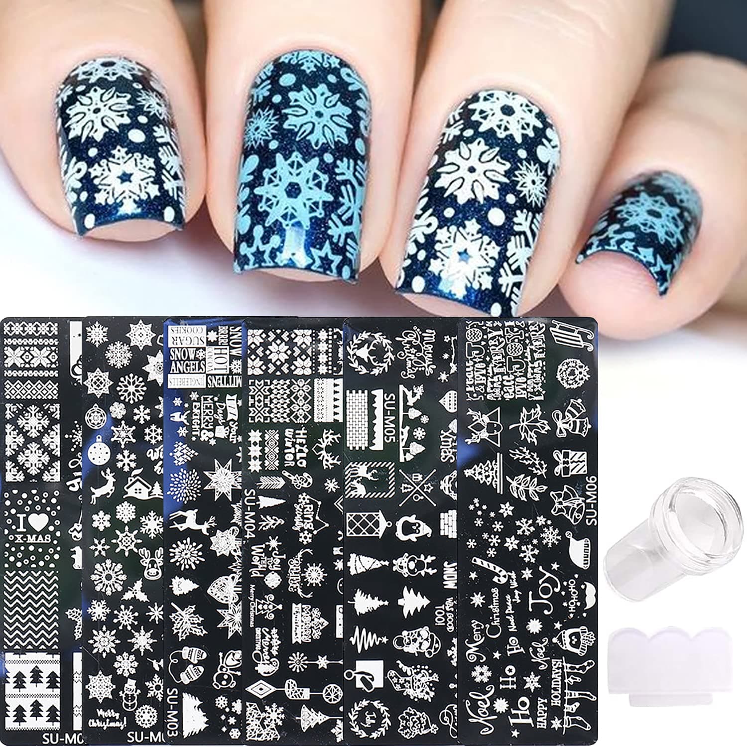 ZIZEO Christmas Winter Nail Stamper Kit 6 PCS Stamping Plates +1 Stamper+1 Scraper, Snowman Snowflakes Elk Santa Claus tree Design Template Stencils Art Supplies Decorations