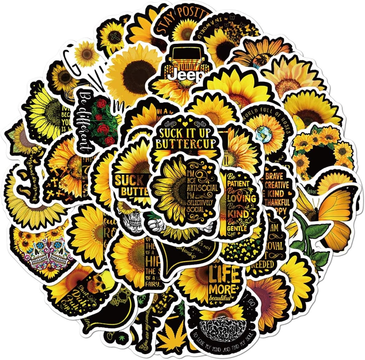 Sunflower Stickers Pack for Water Bottle,Waterproof Vinyl Cute Stickers Perfect for Hydro Flask Laptop Phone Car Skateboard Travel Case Bicycle Bumper Snowboard Decor (Sunflower 50 Pcs)