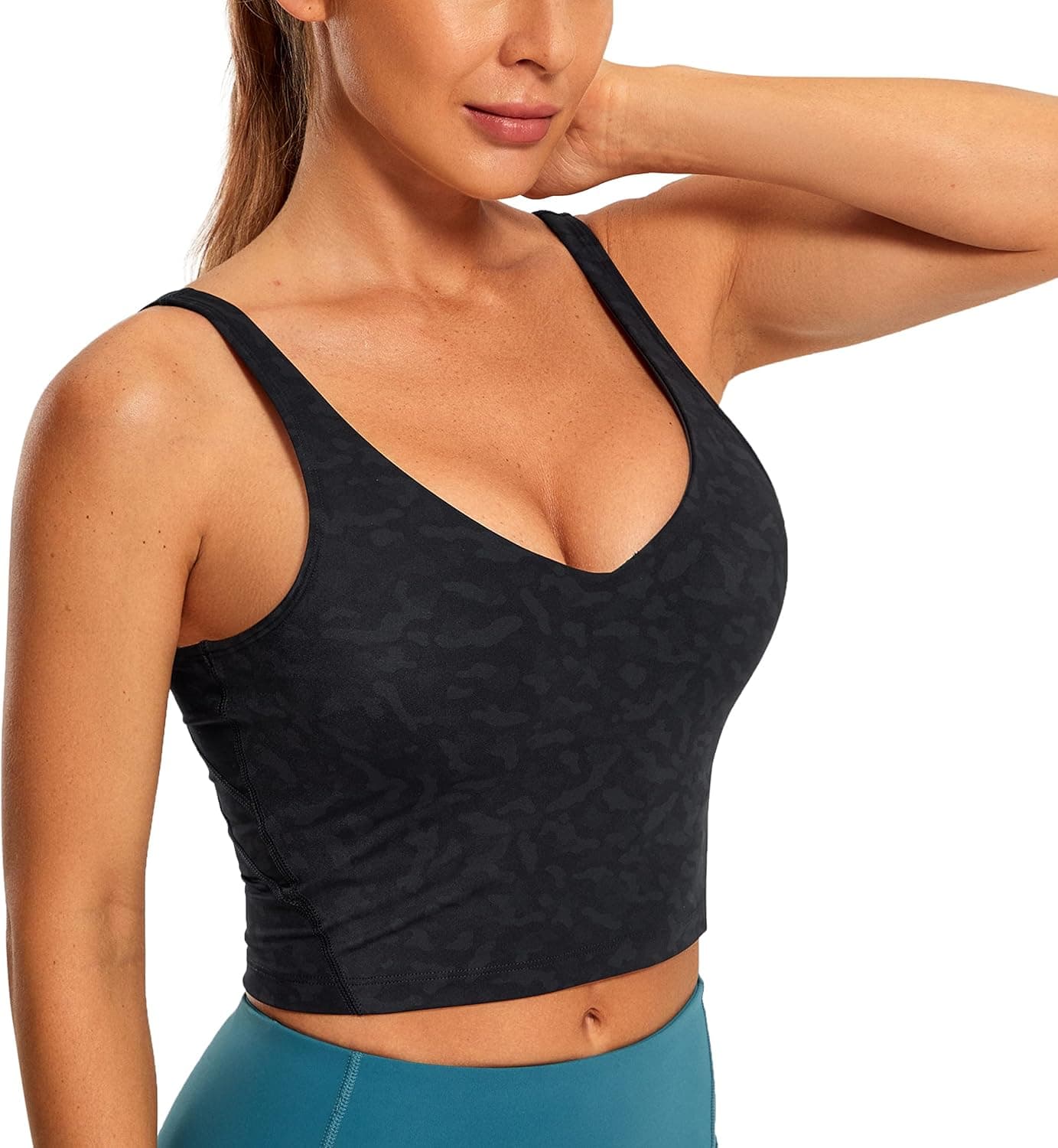 CRZ YOGA Womens V Neck Workout Tank Tops with Built in Bras - Cropped Padded Athletic Longline Sports Bra